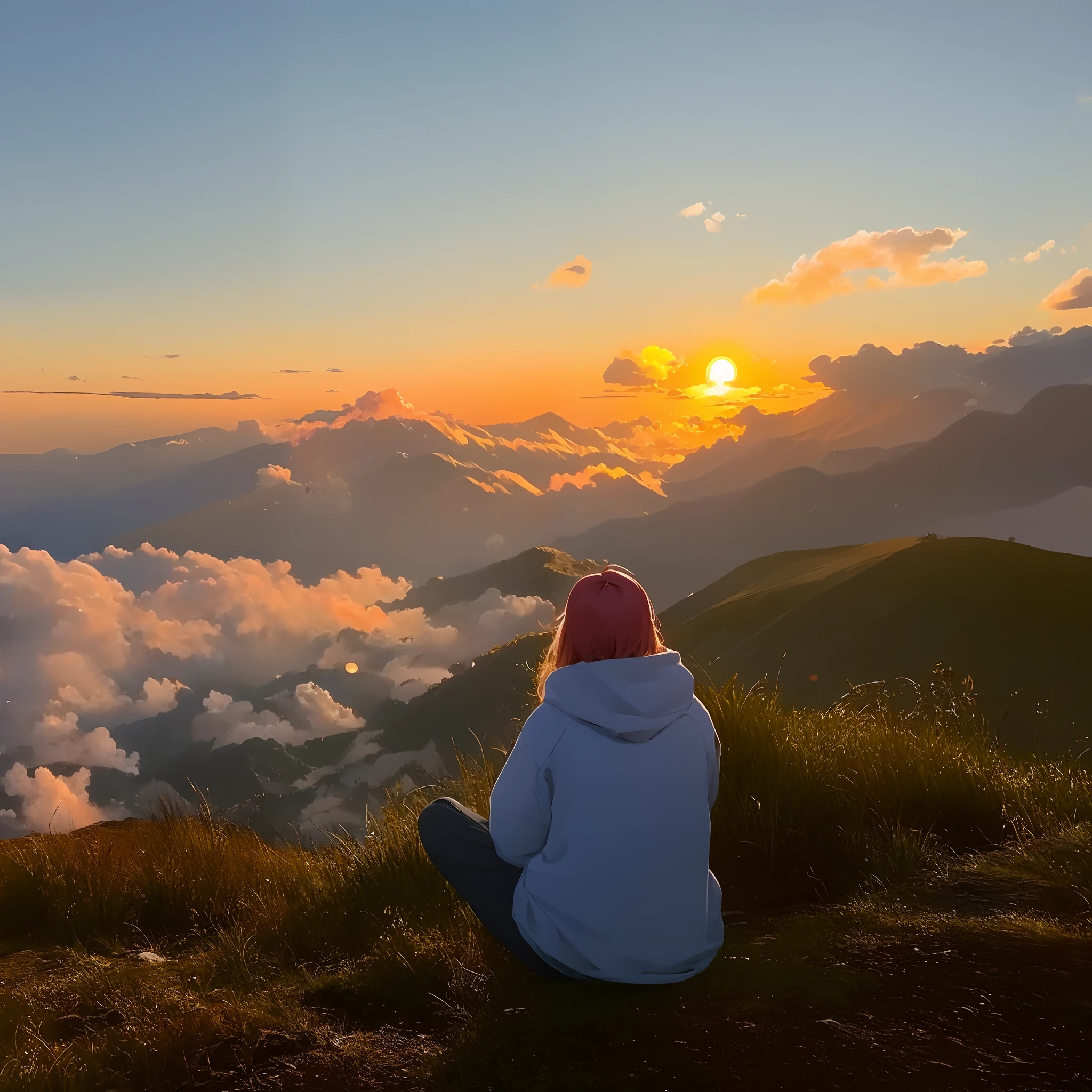 Arapei sits on the hill,Valley overlooking the sunset, looking out at a sunset, watching the sunset, girl watching sunset, late sunset, at a beautiful sunset, watching the sunset, during sunrise, At sunrise, heaven in the top, sitting on the cosmic cloudscape, during dawn, At the summit, on top of mountain