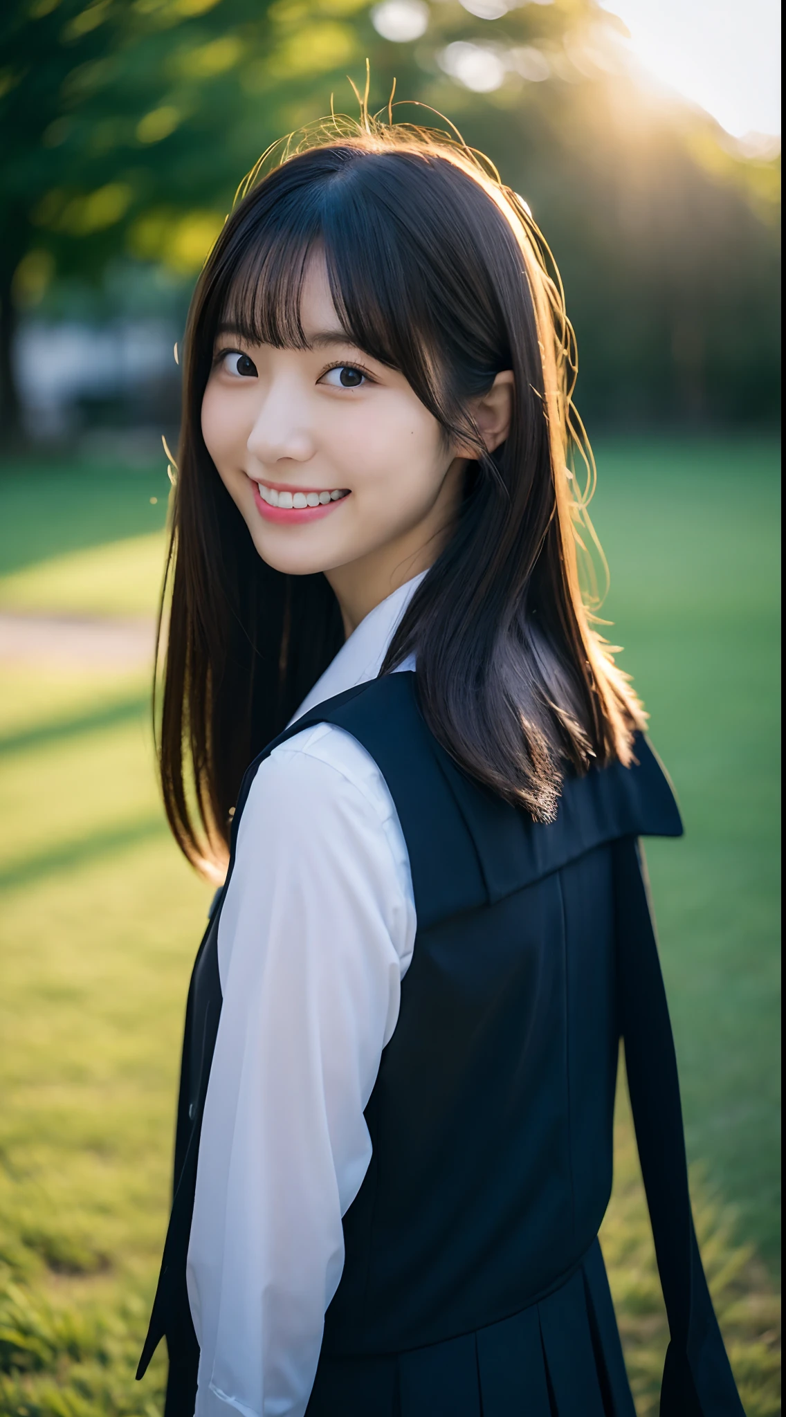 (Best Quality, 8K, 32K, masutepiece, nffsw:1.2),Hyper Detail Hair,Photo of Pretty Japanese girls,1girl in,18year old,japanaese girl,(A dark-haired:1.5),School uniform,White shirt,a bow tie, (Looking back:1.2), evening, sunburst, ((Smile:1.2)),((From shoulder up:1.2)), ((up of face:1.2)),