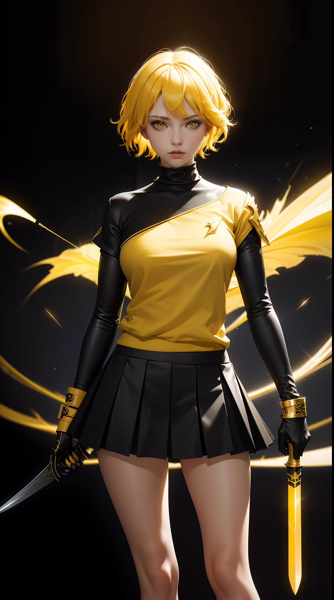 Woman, yellow short hair, yellow eyes, yellow short shirt, black short skirt, black sweater,HD lighting and dark )<=(epic image quality)dark atmosphere with bright particle light(many effects in background)