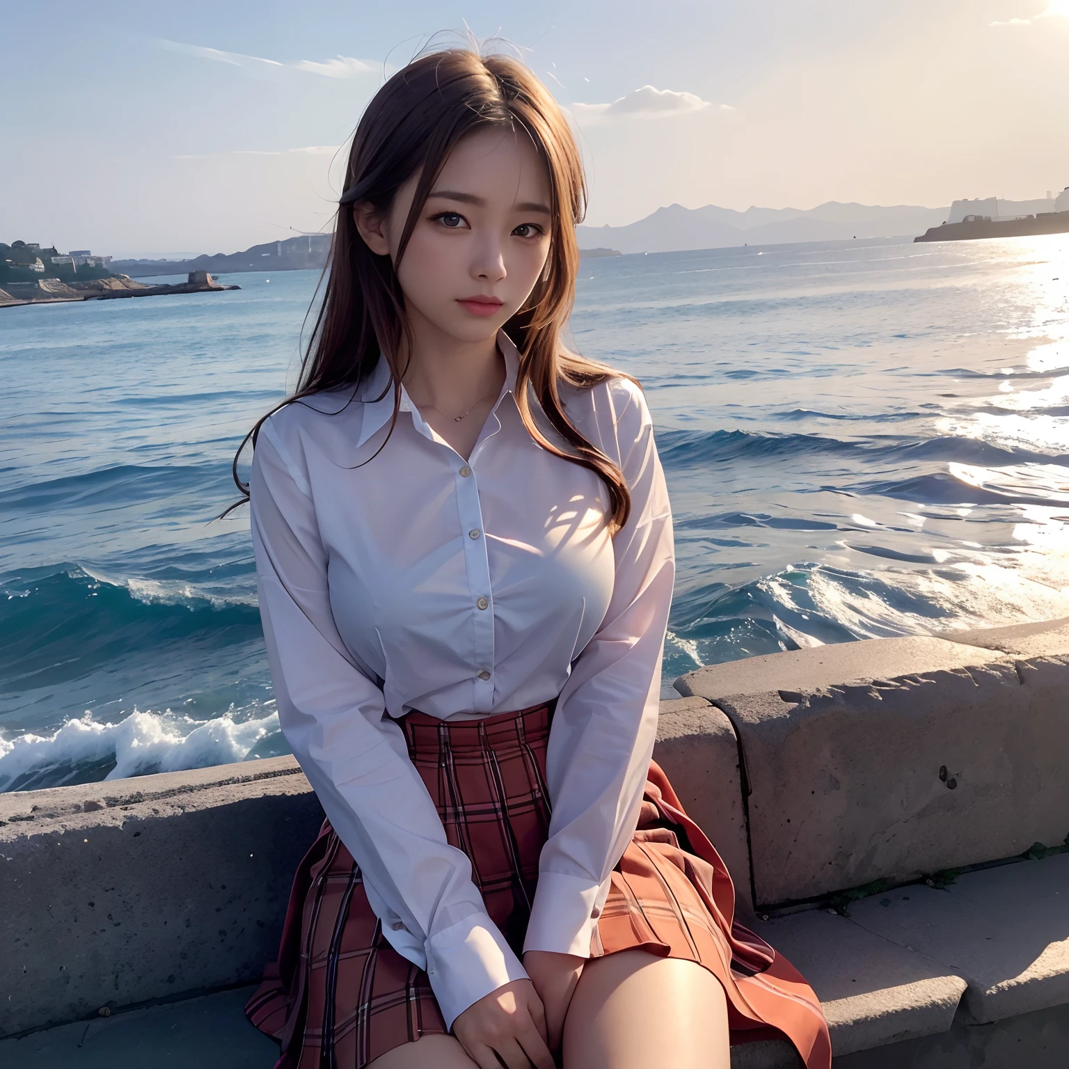 top-quality, masterpiece, high-detail, 16k picture quality,Photonic style, At the coastline where the sun sets over the sea, a beautiful high school girl in a uniform is sitting. She has medium-length light brown hair, and she’s wearing a white blouse and a pleated skirt. , plump big breasts, Constricted waist, red blush, The sky is dyed orange, and crimson clouds are shining beautifully in the light of the setting sun. It’s an impressive landscape that resembles a photo capturing this moment.
