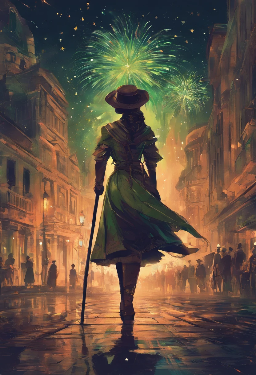 Shepherdess with a cane, falda muy ornamentada, fondo muy detallado, cara guapa, obra maestra, calidad ultra, fuegos artificiales, pueblo, fiestas, Castellón de la Plana, pueblo rural de fondo, catedral de fondo, gente bailando de fondo, Cartel A2, estilo realista, graphic design, colores verdes, noche iluminada por fuegos artificiales, reflejos, fondo extremadamente detallado, mejor calidad, muy detallado, obra maestra