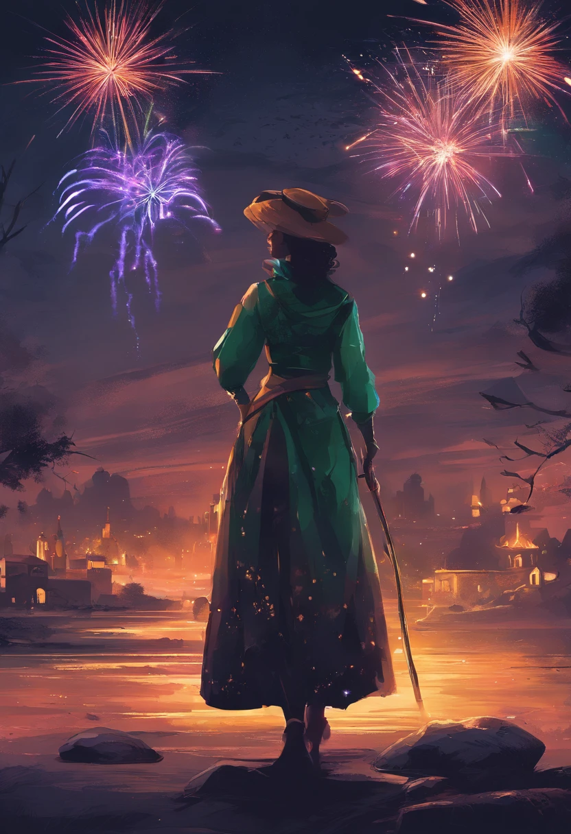 Shepherdess with a cane, falda muy ornamentada, fondo muy detallado, cara guapa, obra maestra, calidad ultra, fuegos artificiales, pueblo, fiestas, Castellón de la Plana, pueblo rural de fondo, catedral de fondo, gente bailando de fondo, Cartel A2, estilo realista, graphic design, colores verdes, noche iluminada por fuegos artificiales, reflejos, fondo extremadamente detallado, mejor calidad, muy detallado, obra maestra