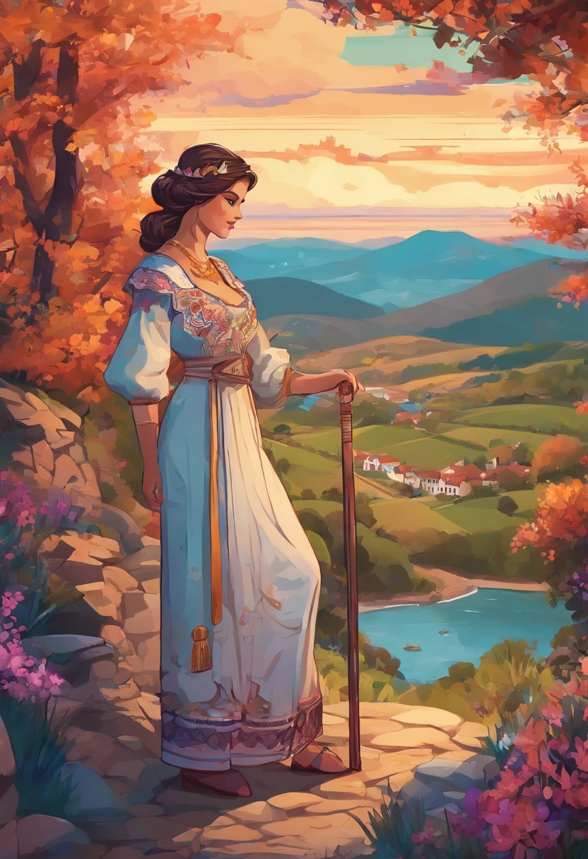 Shepherdess with a cane, falda muy ornamentada, fondo muy detallado, cara guapa, obra maestra, calidad ultra, fuegos artificiales, pueblo, fiestas, Castellón de la Plana, pueblo rural de fondo, catedral de fondo, gente bailando de fondo, Cartel A2, estilo realista, graphic design, colores verdes, noche iluminada por fuegos artificiales, reflejos, fondo extremadamente detallado, mejor calidad, muy detallado, obra maestra