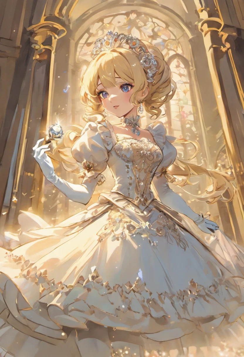 A stunningly beautiful blonde fairytale Princess shining with Royal Pomp and Regal Splendor, wearing a Stately and (((Elaborate))) Royal Cinderella Ballgown of Silver and White Brocade, with (((enormous puffed sleeves))) a stiffly boned, padded and corseted bodice, an hourglass waist, a (((huge crinoline hoopskirt))) and (((bustle))), adorned with ribbons, bows, roses, lace, ruffles, frills, embroidery, and jewels, elaborately curled and styled hair, long white gloves, pearl and diamond necklace and earrings