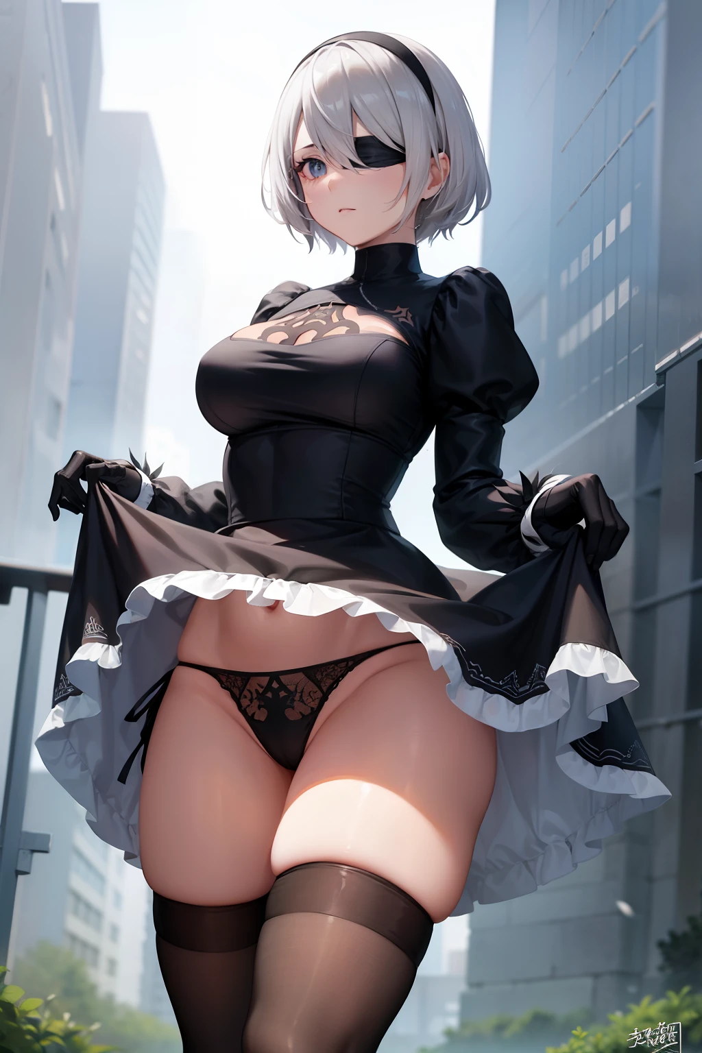 2b, 2b, black hairband, Blindfold, shairband, Short hair, White hair,Blake Black Skirt, black thighhighs, long boots, cleavage cutout, Clothes Cutout, shairband, high-heels, Long sleeves, droid, side slits, Skirt, Thigh boots, thighs thighs thighs thighs,BREAK looking at viewer, Full body,BREAK outdoors,BREAK (masutepiece:1.2), Best Quality, High resolution, Unity 8k壁纸, (Illustration:0.8), (Beautiful detailed eyes:1.6), extra detailed face, Perfect Lighting, extremely details CG, (Perfect hands, Perfect Anatomy),、(Skirt lift:1.3), (White panty:1.3)、(Skirt that rolls up:1.3)、(Fully exposed panties:1.5)