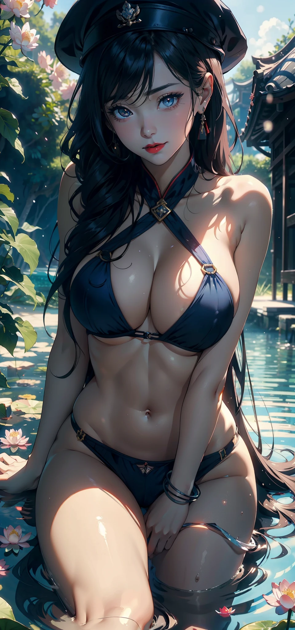 1female,35yo,A MILF,熟妇,Married Woman,plumw,extremely large bosom, 独奏,(Background with:lakes,Cherry blossom forest,lotus flower)Lie on your back under water, She has long hair,seen from the front,, mostly cloudy sky,(((tmasterpiece),(Very detailed CG unity 8K wallpaper),best qualtiy,cinmatic lighting,detailed back ground,beatiful detailed eyes,Bright pupils,Black eyes,Snow-whiteskin,Redlip(Very fine and beautiful),(Beautiful and detailed eye description),ultra - detailed,tmasterpiece,))facing at camera,A high resolution,ultra - detailed),revealing breasts,Bare genitalia, Bulge,legs are open,Raised sexy,Camel toes,Flushed complexion,Desire for dissatisfaction,ssmile,frontage,elementary student,military hat(Wearing:Blue sailor suit,red neckchief)sexy big breasts exposed