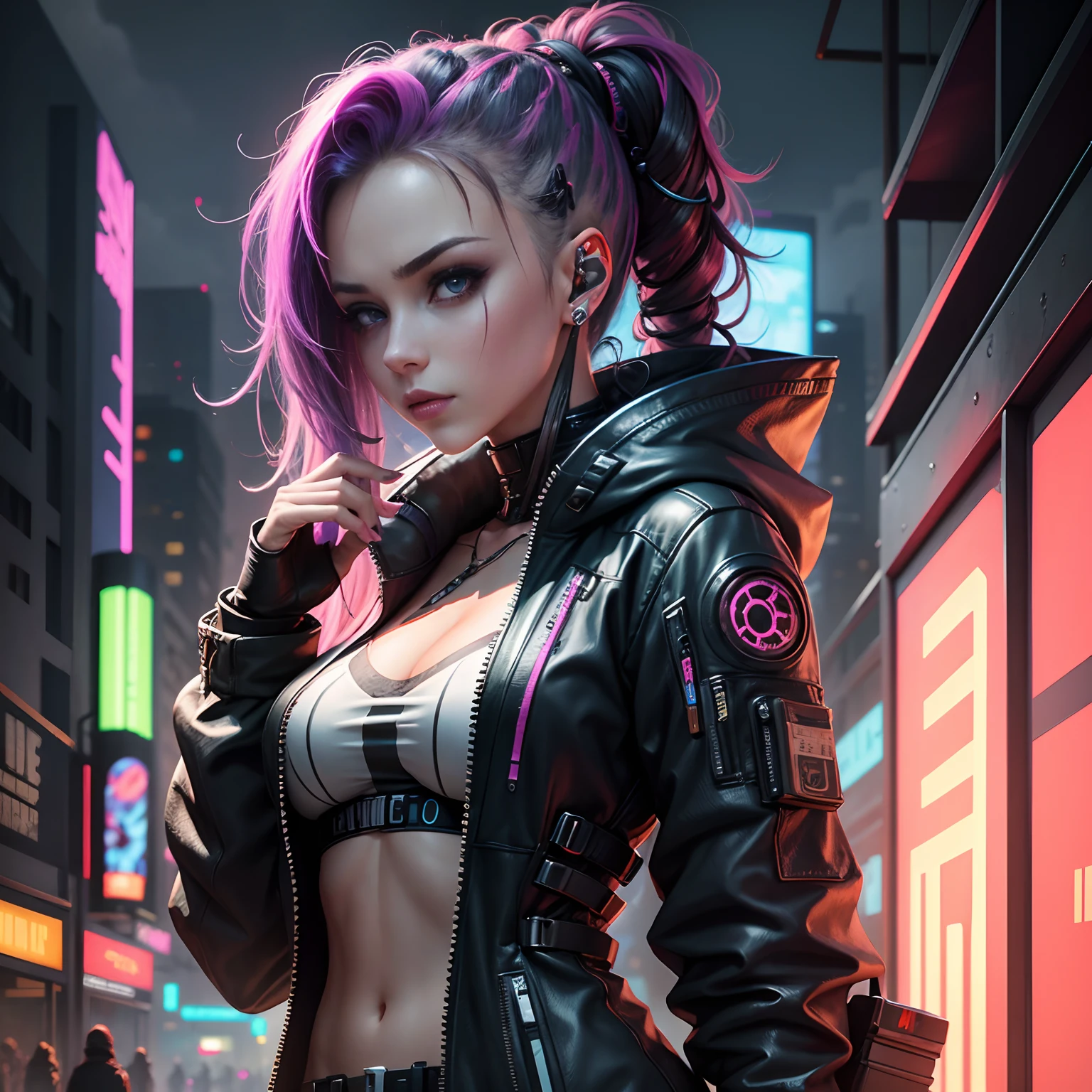 ((Best quality)), ((masterpiece)), (highly detailed:1.3), 3D, beautiful (cyberpunk:1.3) hacker woman with colored hair, black clothes looking at camera