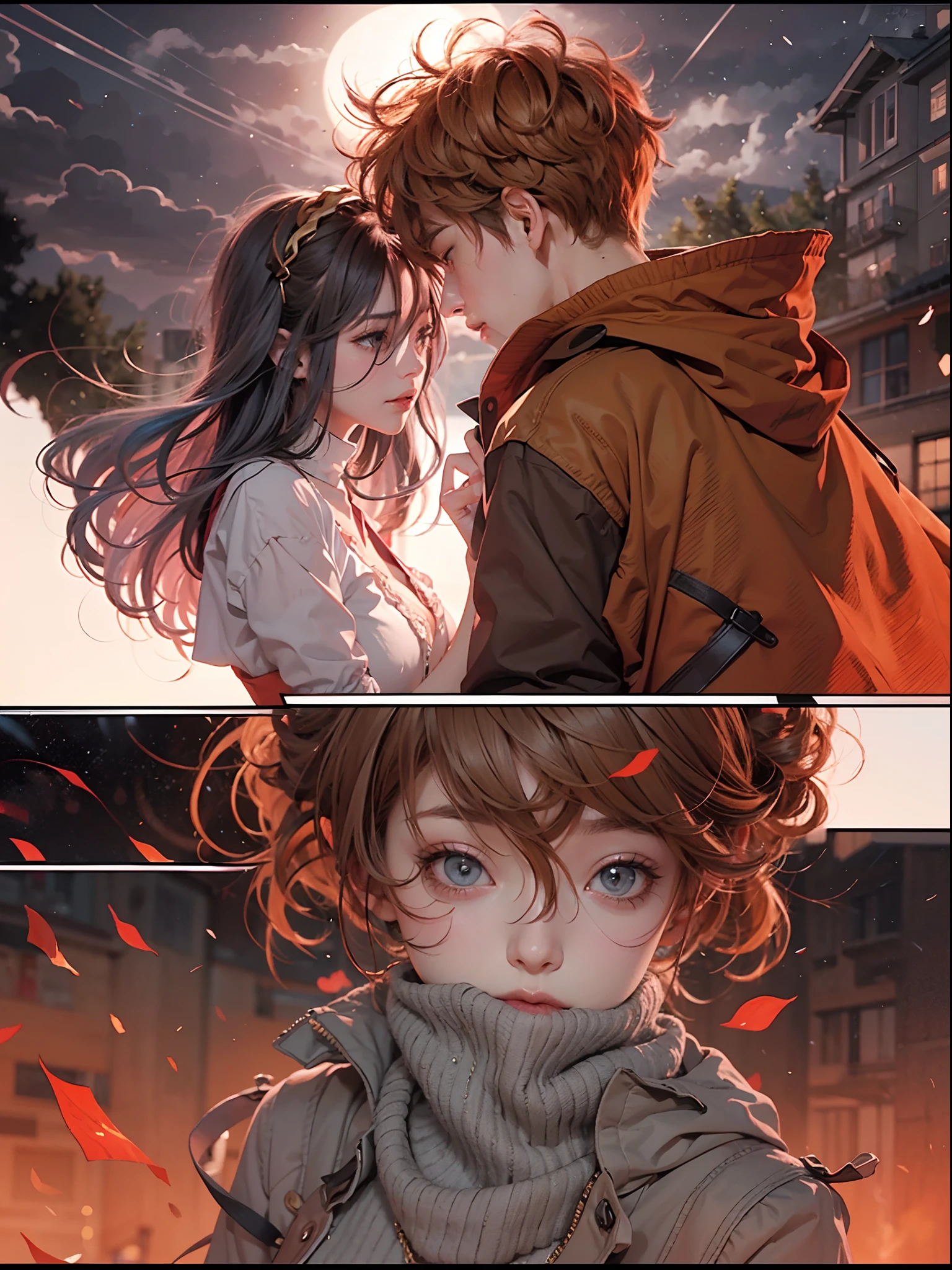 Comic storyboard:1.8, Comic strip, comic layouts, loving manga storyboard, story of loving couples, hyperHD, draw fromt page of this anime manga story, red background dark sky, 24K UHD.
