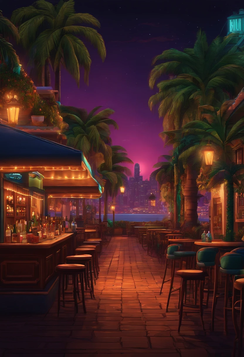 pixel art retro Brazilian city, night, lights, bar, chair full hd 8k