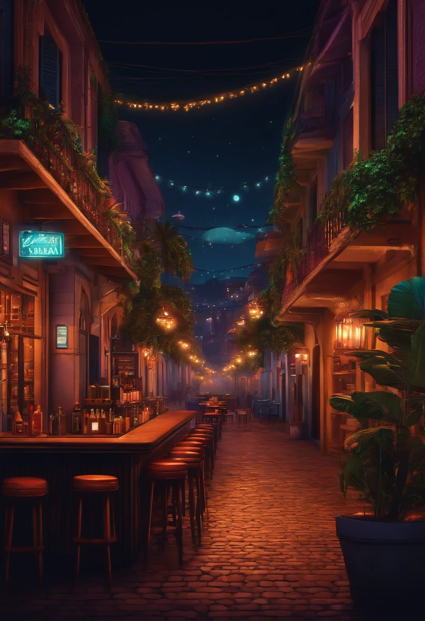 pixel art retro Brazilian city, night, lights, bar, chair full hd 8k