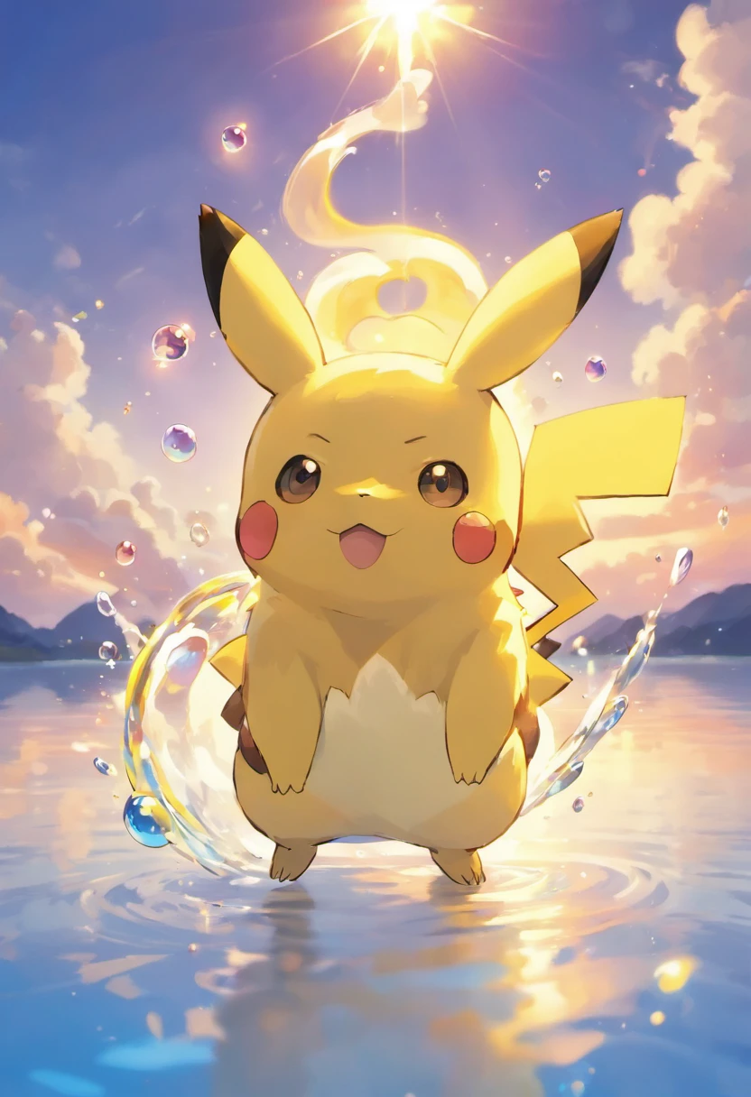 A touching scene in ultra-high definition 3D showcasing Pikachu was shocked by so many electric flashes that his fur stood up, The bubbles catch the reflection of the setting sun, creating a dreamy, magical effect. The overall atmosphere is tender, filled with hope and serenity