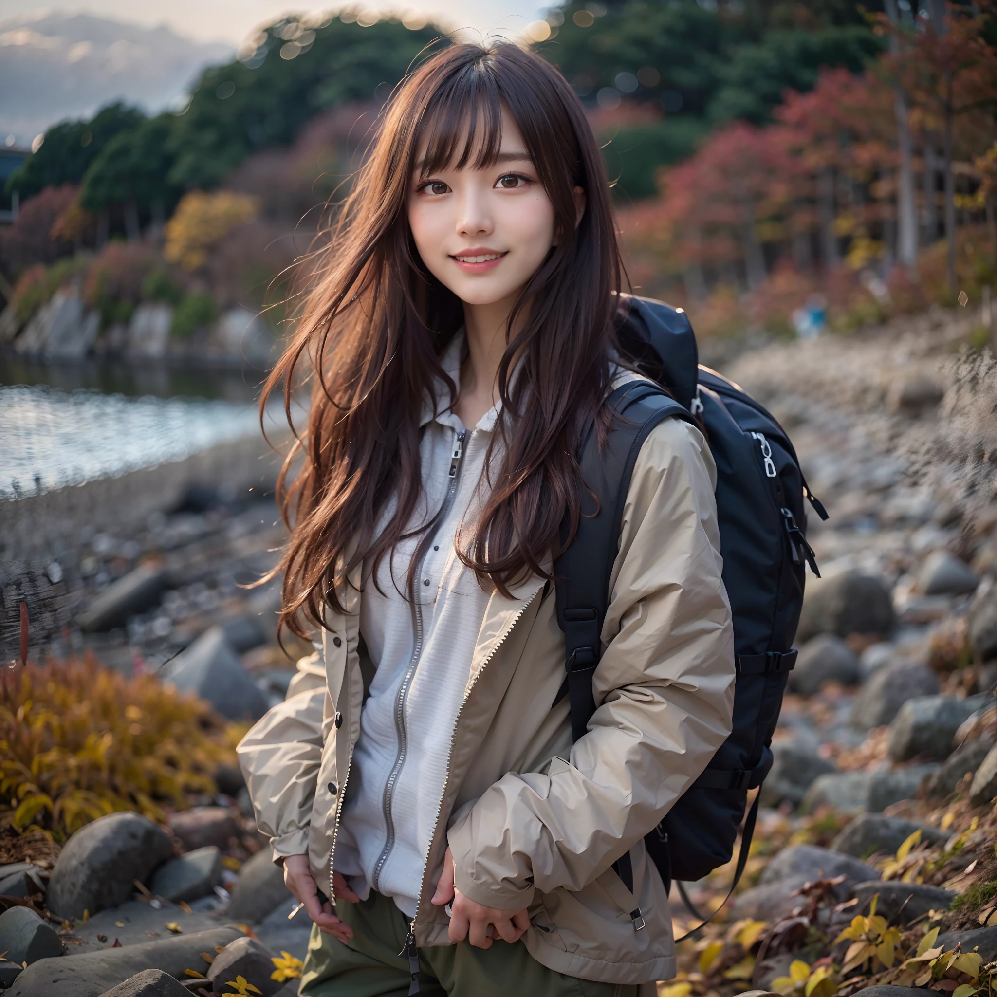 (Nature-scape photography), (best quality), masterpiece:1.2, ultra high res, photorealistic:1.4, RAW photo, (Hitachinaka Seaside Park with autumn leaves), (wide angle shot), (Show cleavage:0.8),
(1girl), (Photo from the knee up:1.3), (looking at the audience), (18 years old), (grinning smile:1.2), (shiny skin), (real skin), (semi-long hair, dark brown hair)
(windbreaker), (Trekking-pants), (Carrying a large backpack),
(ultra detailed face), (ultra Beautiful fece), (ultra detailed eyes), (ultra detailed nose), (ultra detailed mouth), (ultra detailed arms), (ultra detailed body), pan focus