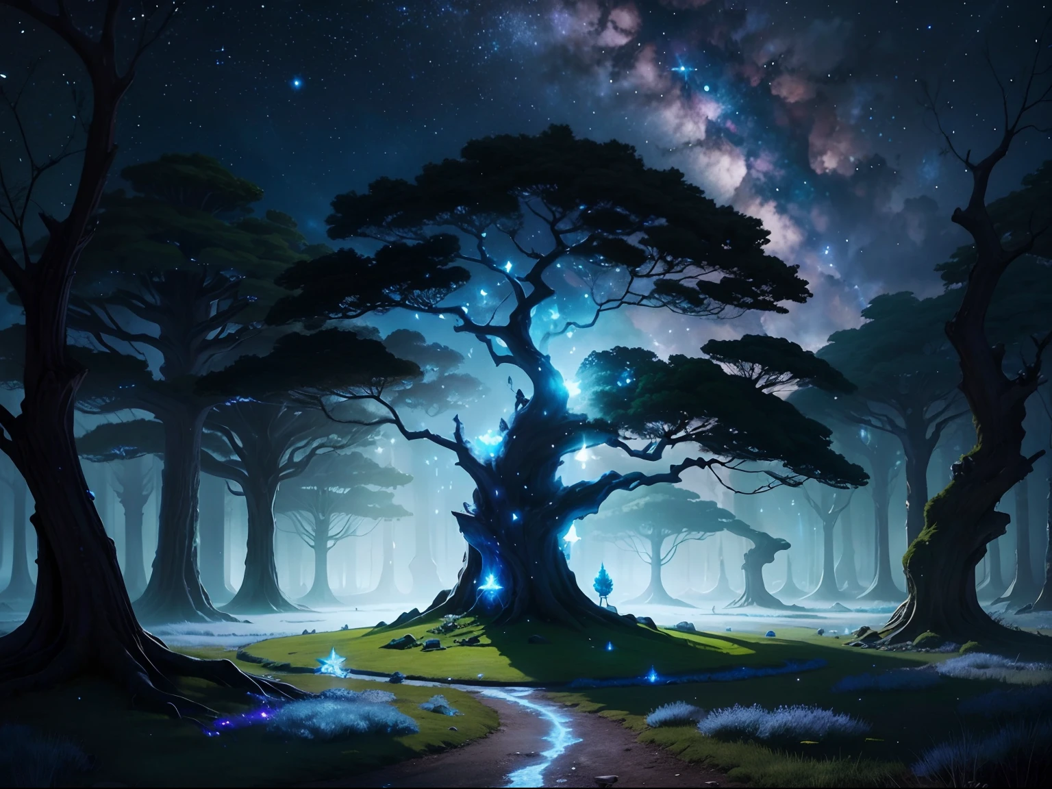 Ancient Magic Tree, Blue Aura, starry sky, firefly, comet, fantasy worlds, shining, Magical aura, Avatar Style, A quiet night.