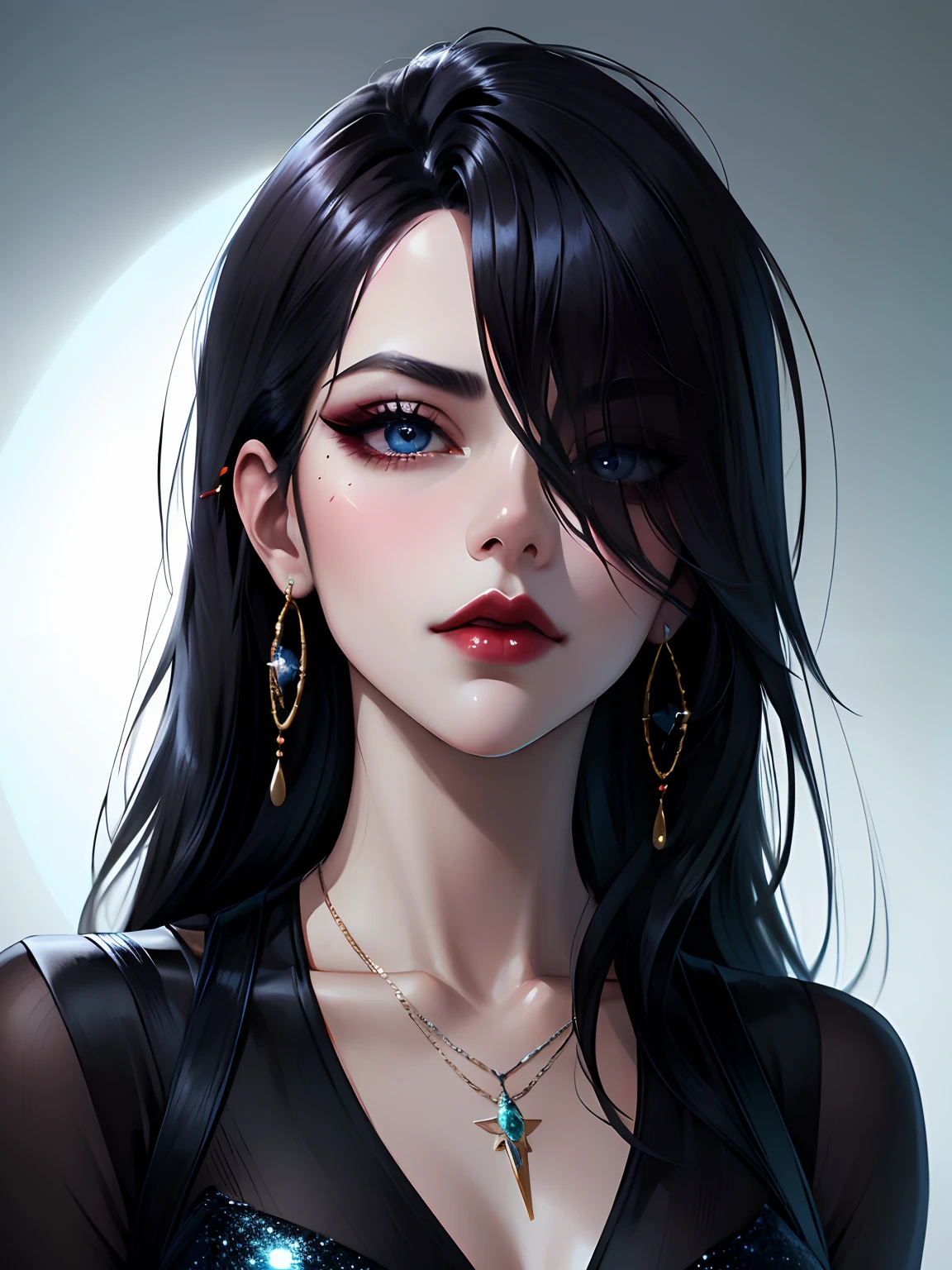 1girl in, 独奏, Jewelry, black hair, necklace, red-lips, Long hair, covered eyes, lipstick, makeup, upper-body, closed mouth, black dress, hair above one eye, 鎖骨, Dress,black theme,bad-girl, large breasts,sparkly skin,(mature female),Chic, Snthwve style, nvinkpunk Close-up portrait of a face (((sks person))), Smooth soft skin, big dreamy eyes, Beautiful intricate dyed hair, Symmetrical, anime wide eyes, soft-lighting, Detailed Face, makoto sinkai, by stanley artgerm lau, WLOP, rossdraws, Concept art, Digital Painting, looking up at the camera