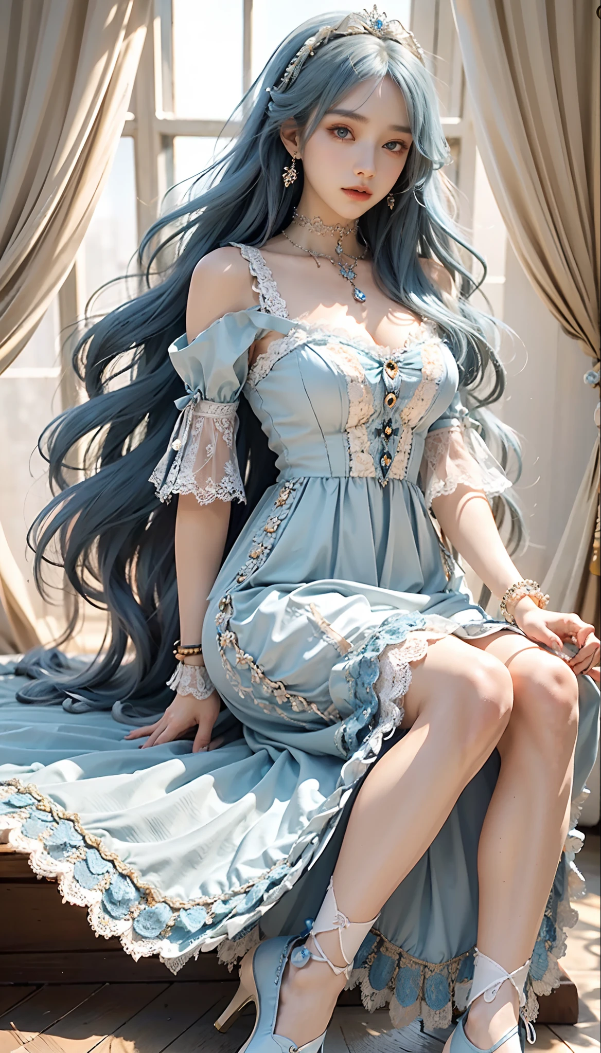 meticulous portrayal of face,1 noblewoman,(Lace orange ta maxi dress),(Long flowing light blue hair),Exquisite jewelry all over the body,Collar,Anklets,head chain,Lace-trimmed socks,(Lolihoes), s the perfect face, perfect hand, Perfect Finger, Perfect lips, perfect eyes,Extremely normal body, Perfect background