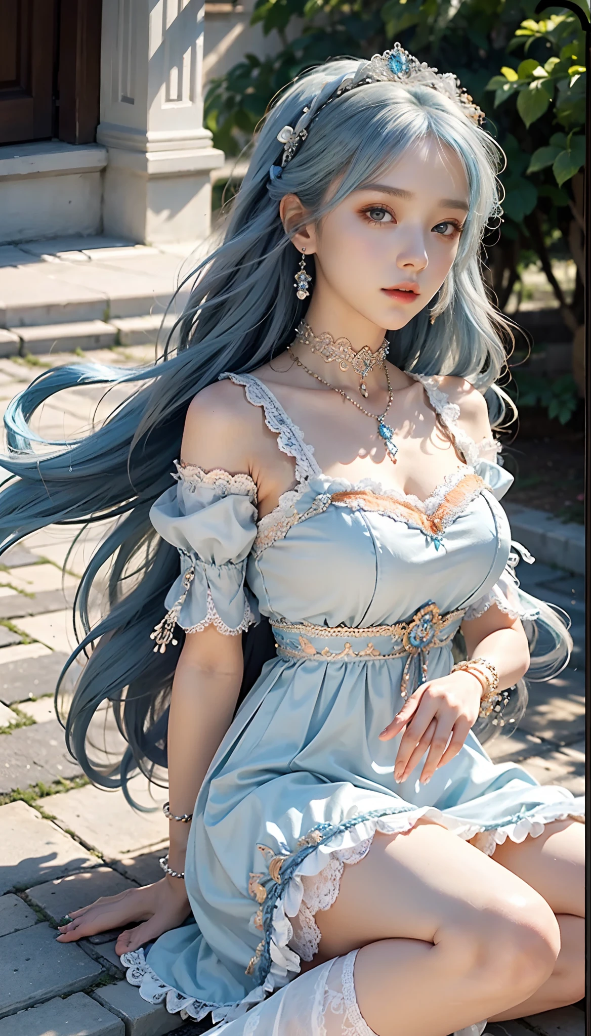 ((masterpiece, best quality)),(illustration),(detailedlight),((anextremelydelicateandbeautiful)),1girl,GodolphinArabian,long hair,blue hair,green eyes,horse ears,horse girl,hair_ornament,white dress, bare shoulders, ,sleeveless,evening dress,long dress,outdoors, light,blue sky, horizon, meadow, wild