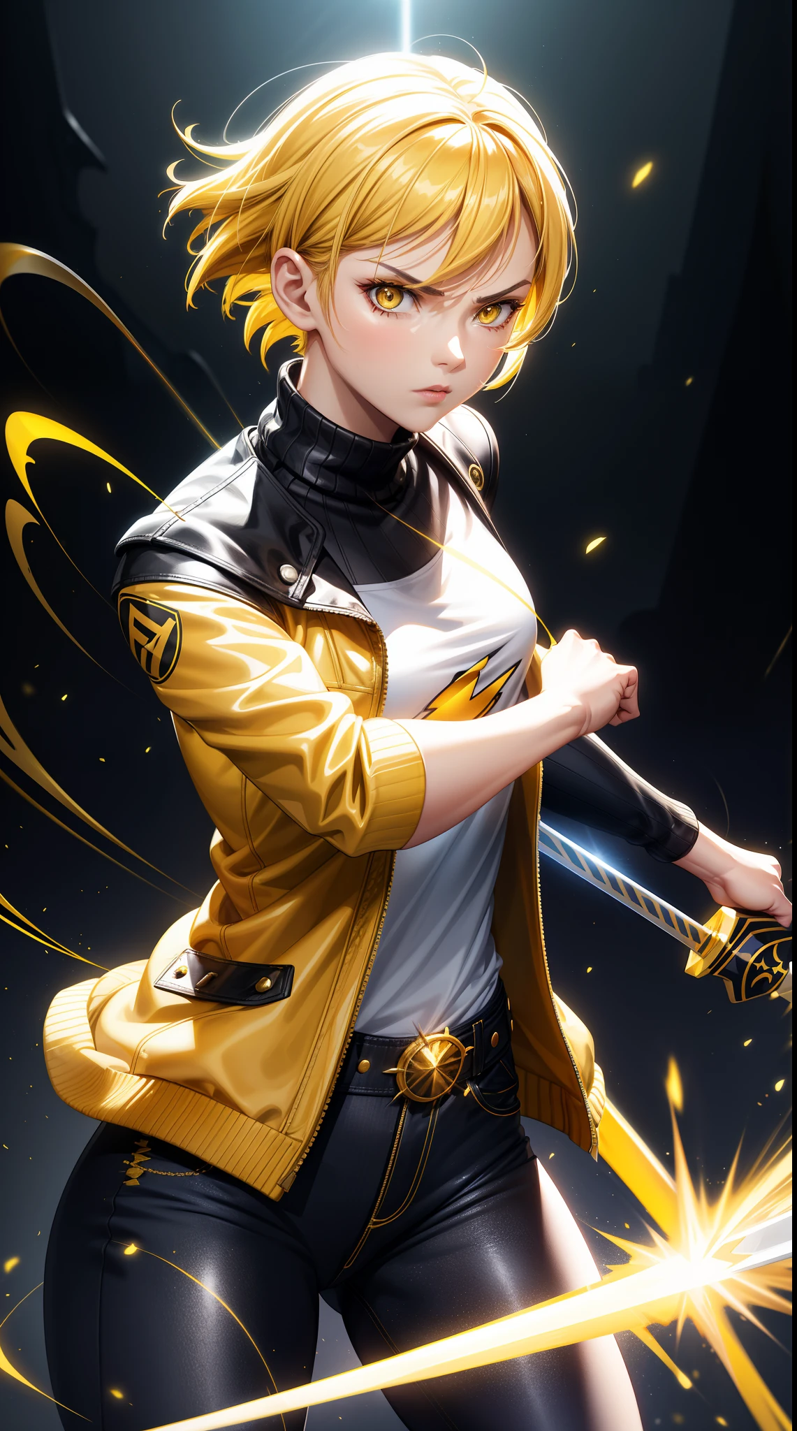 Woman, fight pose, Baddas stare,Hold a yellow sword with a yellow lightning emblem, yellow short hair, yellow eyes, yellow short shirt, black hotpants jeans, black Jacket sweater ,HD lighting and dark )<=(epic image quality)dark atmosphere with bright particle light(many effects in background)