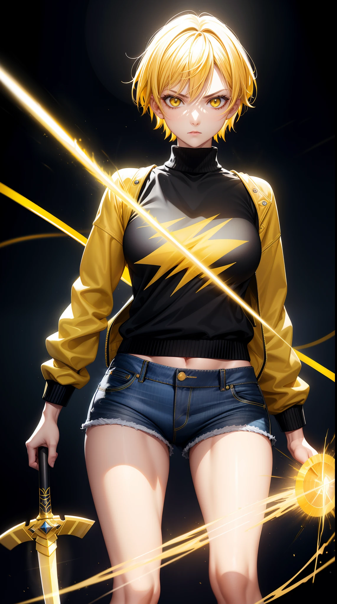 Woman, Baddas stare,Hold a yellow sword with a yellow lightning emblem,  yellow short hair, yellow eyes, yellow short shirt, black hotpants jeans, black Jacket sweater ,HD lighting and dark )<=(epic image quality)dark atmosphere with bright particle light(many effects in background)