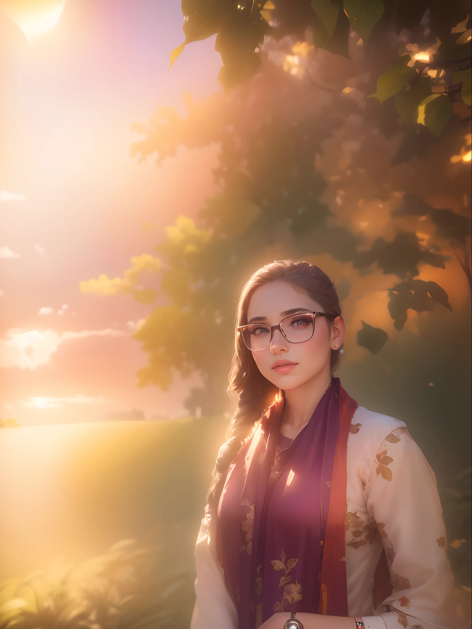 (best quality,8k,ultra-detailed,realistic:1.37),portraits,sunset background,cute,smart girl,vivid colors,detailed eyes and lips,long eyelashes,beautiful clothes and accessories,posing in a garden setting