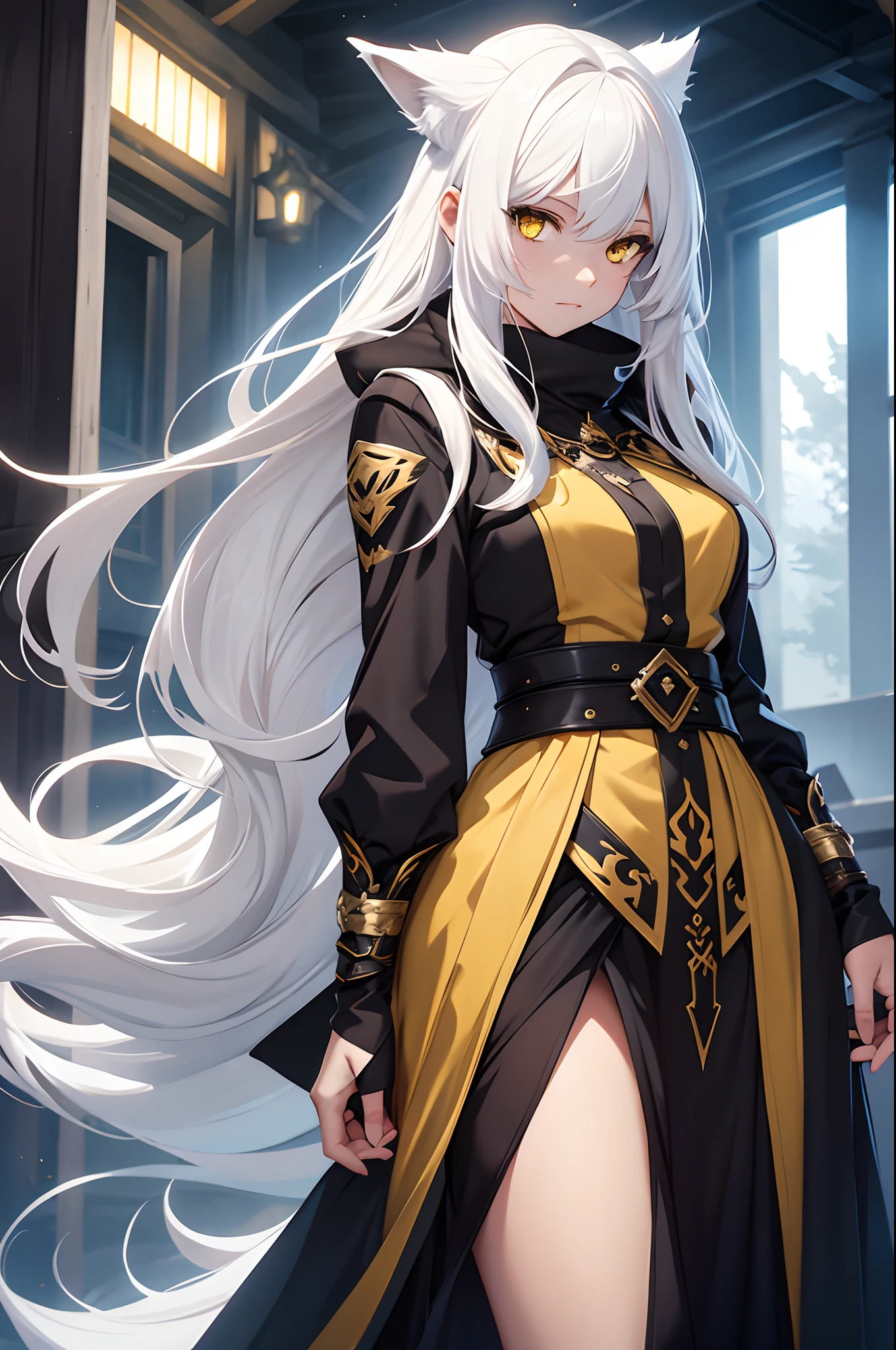 Black anime girl with long white hair in a white outfit, yellow eyes, with a sword, impatic genshin style