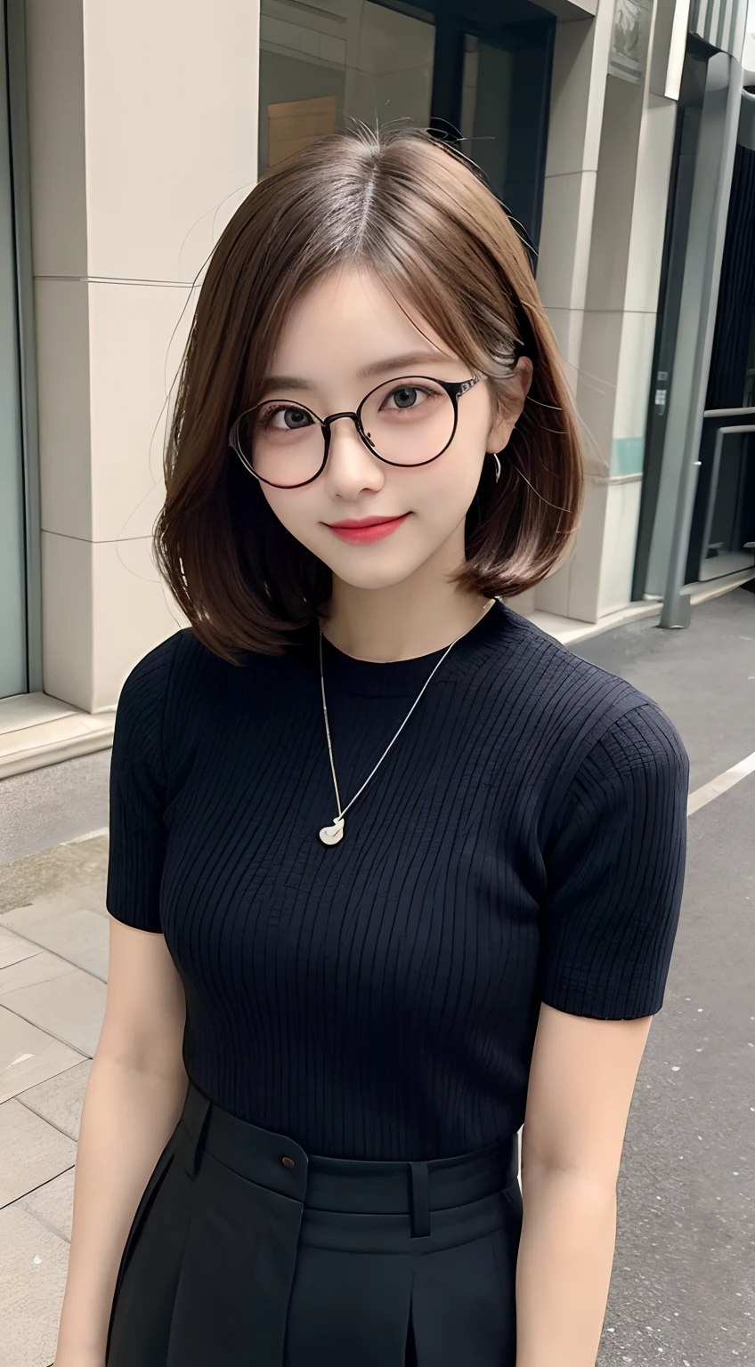 masutepiece, Best Quality, Illustration, Ultra-detailed, finely detail, hight resolution, 8K Wallpaper, Perfect dynamic composition, Beautiful detailed eyes, doress,Short hair,  BCB Cut,Brown hair,Natural Color Lip, Random and sexy poses,Smile,Aoyama Street Walk 20-year-old girl,Brown knitted shirt,Short sleeves,Black pants,Silver-rimmed round glasses