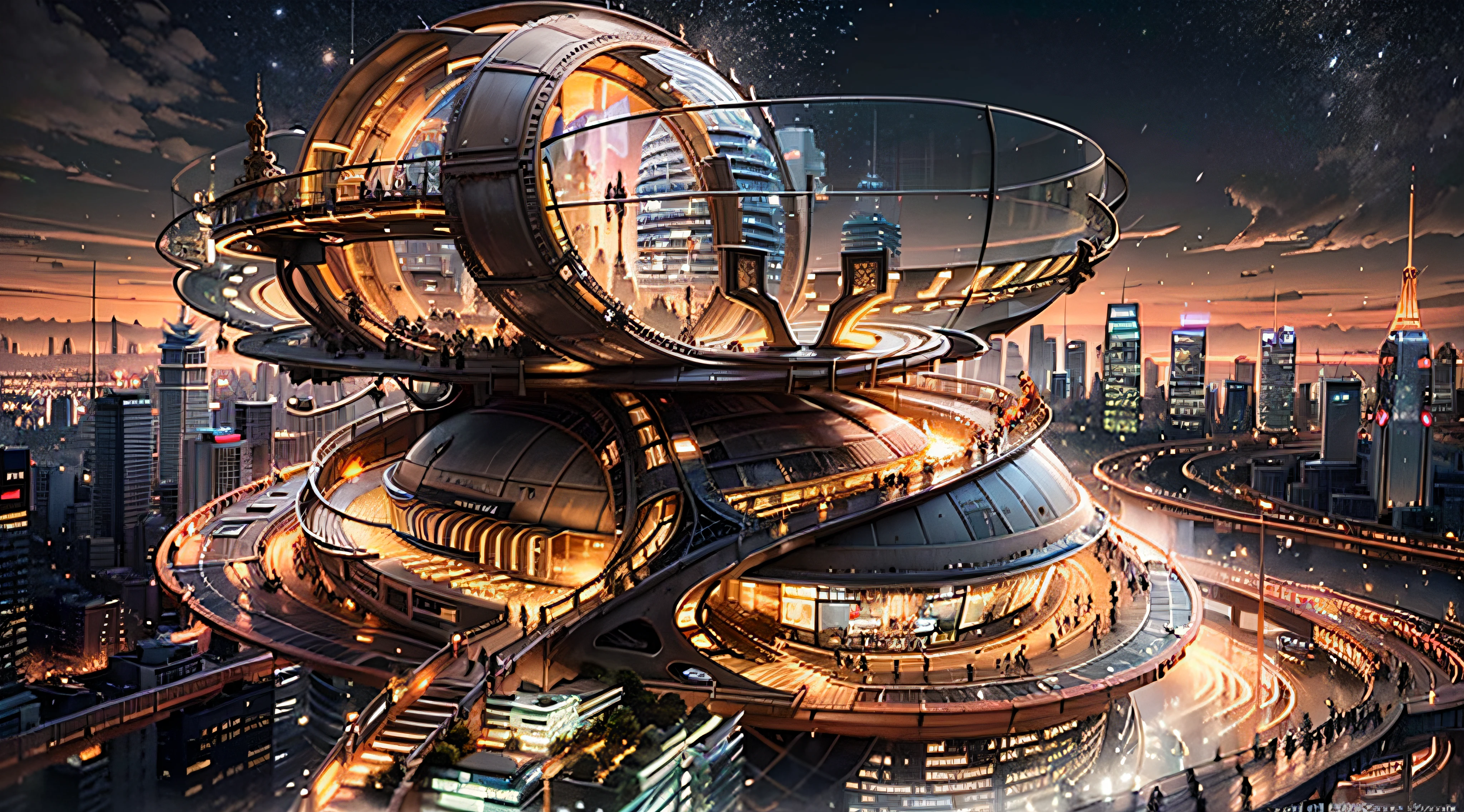 Enter a fascinating vision of the future through the fascinating futuristic images of Di Chongqing. The towering giant skyscraper is decorated with gold ornaments and a smooth glass curtain wall，pierce the sky, The vibrant lights of the city that never sleeps. In the midst of a bustling cityscape, An iconic giant pyramid-style high-tech building, Its architectural marvels are enhanced in a futuristic style. When the hovercar glides easily through the air，The city is full of life，Full of life。，Full of life。，Full of life。，Full of life。，Full of life。，Full of life。，Full of life。，Full of life。，Full of life。，Full of wealth。，Full of luxury。，Full of technology。。, State-of-the-art technology blends seamlessly with traditional Chinese luxury urban structures. This stunning work of art, Wear a gorgeous Arabian burqa，Chinese beauty covered in a golden veil，Standing on Balcony，Watch the magnificent city use Pixai to bring powerful AI models to life, Show the limitless creativity and possibilities of our imagination. Experience the future of the cityscape at Pixai，Immerse yourself in a visionary world of art