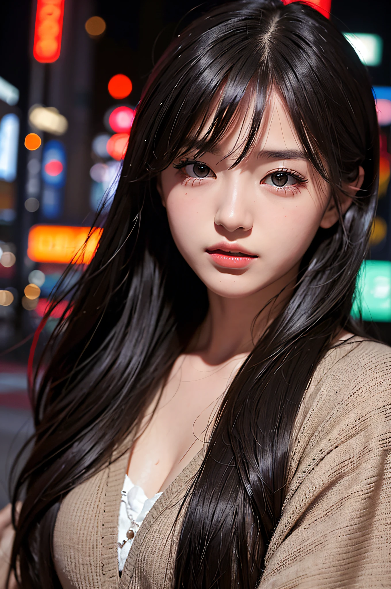 1girl, Tokyo street,night, cityscape,city lights, upper body,close-up, 8k, RAW photo, best quality, masterpiece,realistic, photo-realistic,