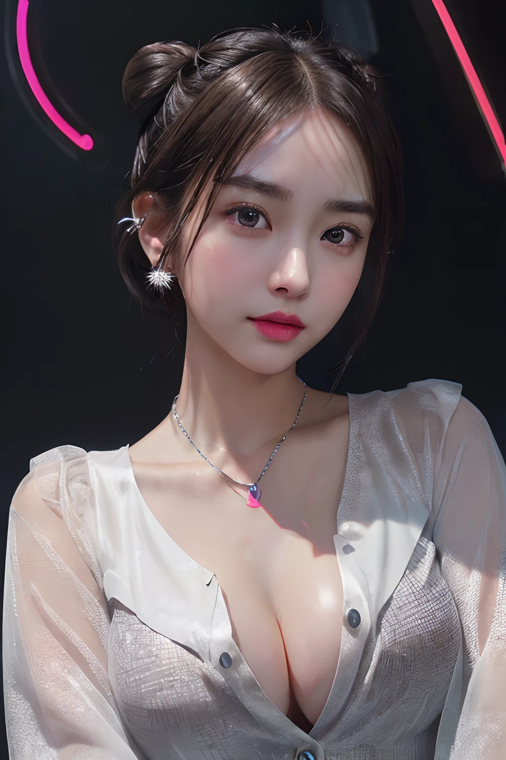 (8K:1,5),(Double Hair Buns:1.2)、Light brown eyes、(dignified expression)、(爆乳:1.4)、Emphasize the valley、(Photorealsitic)、Shadow、(The face of the golden ratio:1.2)、(intricate detailes:1.2)、(​masterpiece、:1.3)、(top-quality:1.4)、(超A high resolution:1.2)、超A high resolution、(A detailed eye)、(Detailed ears）、(Detailed eyebrows)、（Detailed mouth）、(detailed facial features)、((Silver necklace))、Luxury Night Bar,(Colorful neon shirt),((cleavage,Unbuttoned):1.2),(Neon light:1.4)、(head-on:1.8)