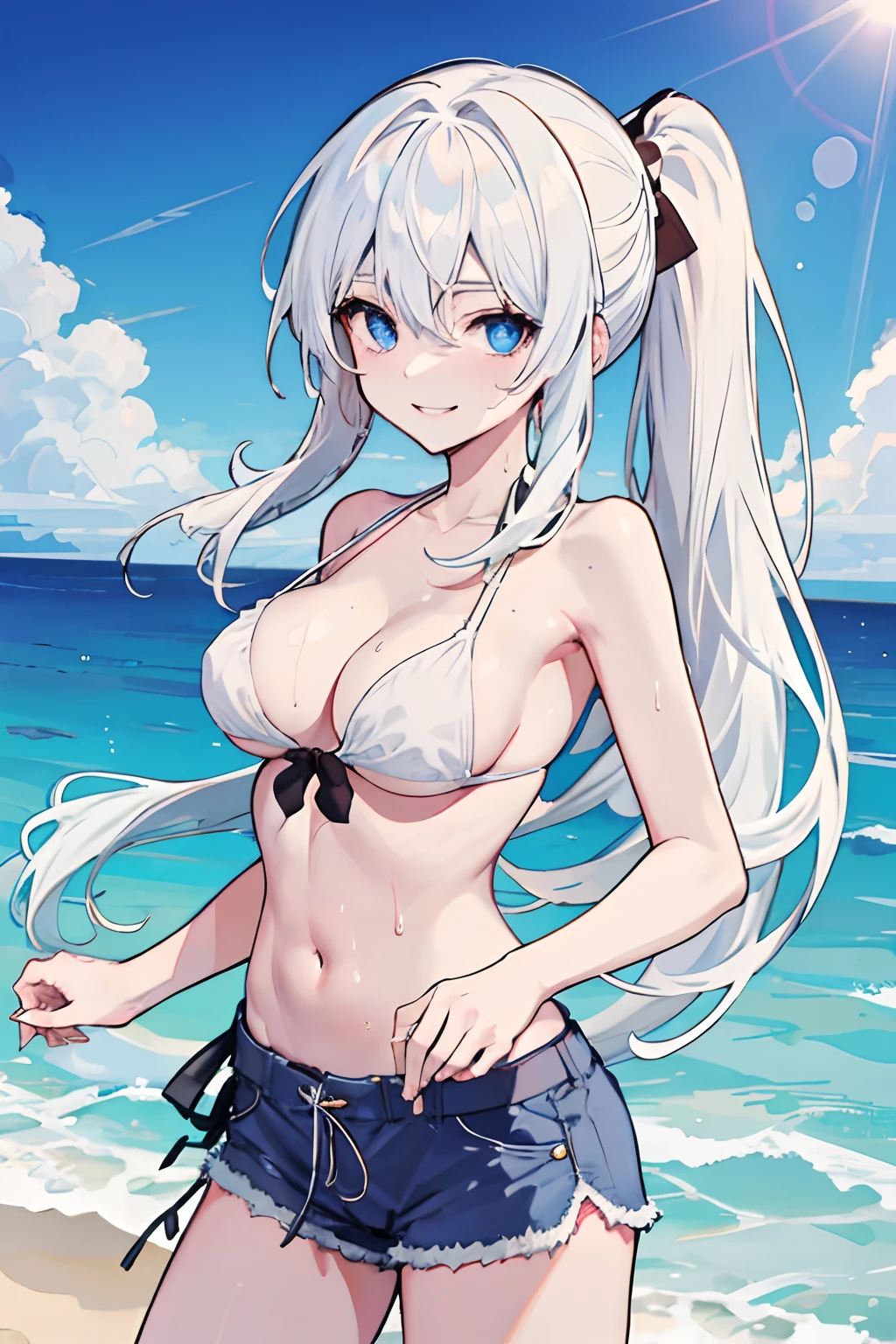 anime girl, white hair, long hair, smiling, sweating, topless, bikini,blue shorts, beach, cap, pony tail, blue eyes, medium Breasts, black bra, top down view, holding breasts, hands in breasts
