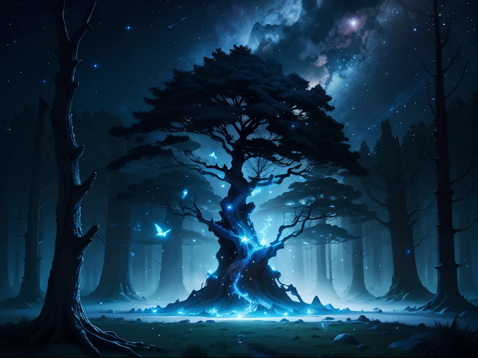 Ancient Magic Tree, Blue Aura, starry sky, firefly, comet, fantasy worlds, shining, Magical aura, Avatar Style, A quiet night.