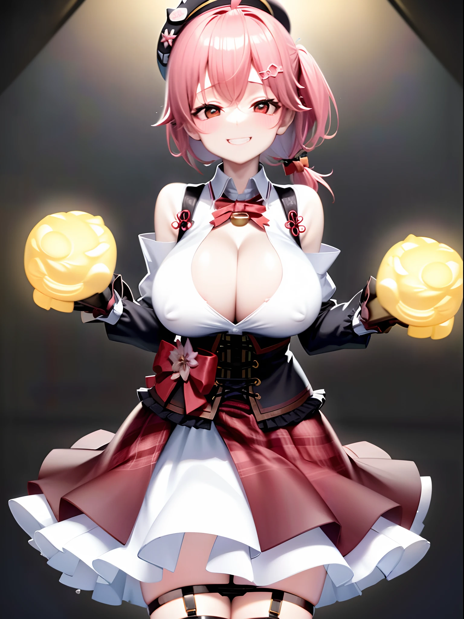 masutepiece, Best_Quality, hight_resolution, miko3,Ponytail, 1girl, Ahoge, black headwear, Hair Ornament, White shirt, black thighhighs, Pink hair, Red_skirt, (very_short_skirt:1.5), plaid skirts, garter_strap, Collared shirt, hair clips, frilld, Bangs, hair between eye, frills skirt, beret, Pleated skirt, Hair Flower, Neck bell, , puffy long sleeves, Black bow, Underbust, Cowboy Shot,Smile, (gigantic_breasts:1.3),(covered_nipples:1.3), covered_pussy,(closed_eyes:1.3), (happy:1.5), childlike_posing,spread_legs,(childlike_smile:1.4),plump,open_mouth, (open_clothes:1.2),cleavage,(Panty_shot:1.3),(apart_legs:1.3)