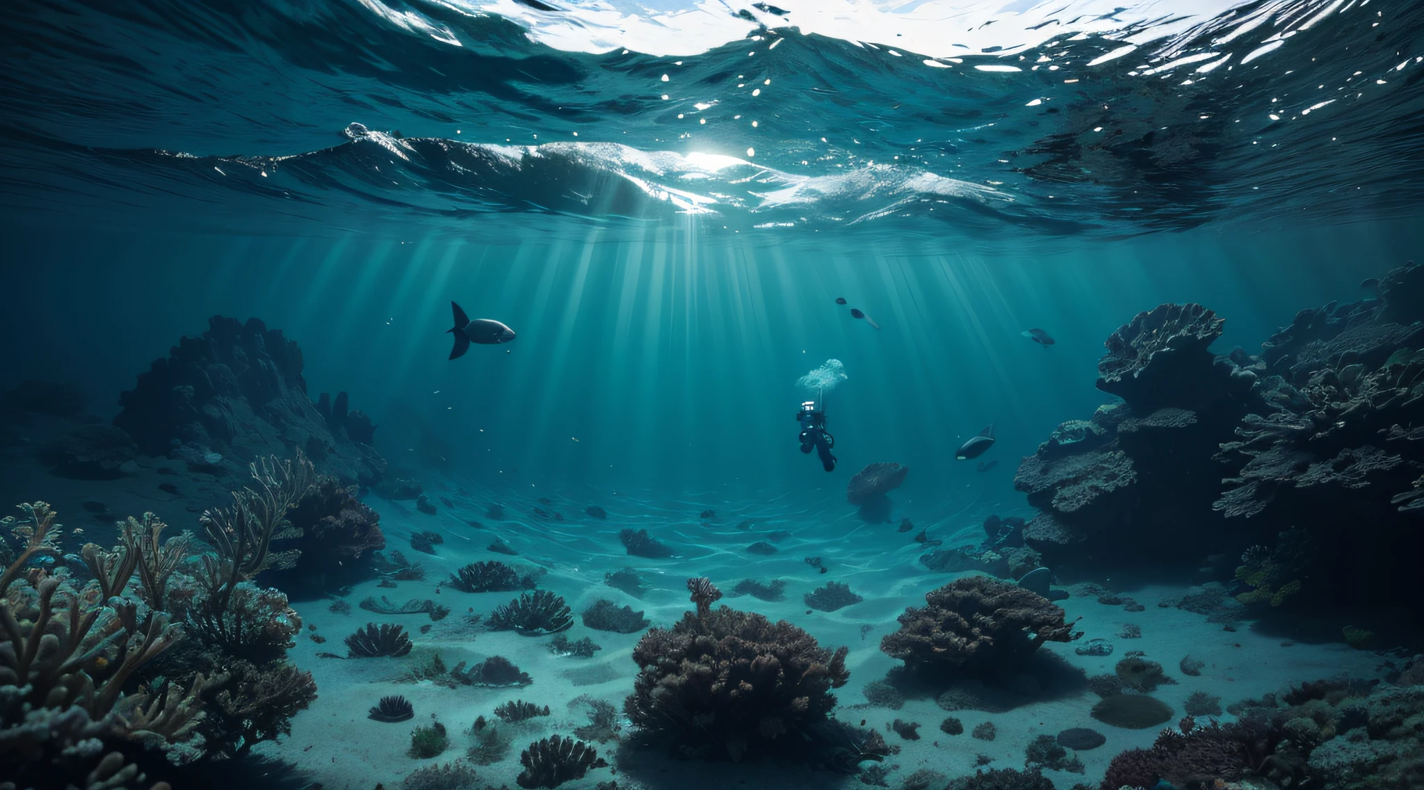 (best quality,4k,8k,highres,masterpiece:1.2),ultra-detailed,(realistic,photorealistic,photo-realistic:1.37),dramatic lighting,underwater world,submarine hum,imposing pressure,deep-sea exploration,crystal clear water,immense weight,dimmed sunlight,exquisite details,rays of light piercing through,glimmering bubbles,dense darkness,submarine exterior,submerged,overwhelming pressure,rippling waves,subtle shadow,reflection on the surface,submerged world,diver's perspective,subtle movement,serene atmosphere,sublime beauty,awe-inspiring depth,quiet solitude,unfathomable mystery,gravity-defying,immersive experience,scale and grandeur,water currents,ominous presence,subterranean silence,distant sunken structures,dynamic composition,underwater exploration,divers chasing sunlight,straining metal,vastness of the ocean depths,contrasting textures,luminous glow.