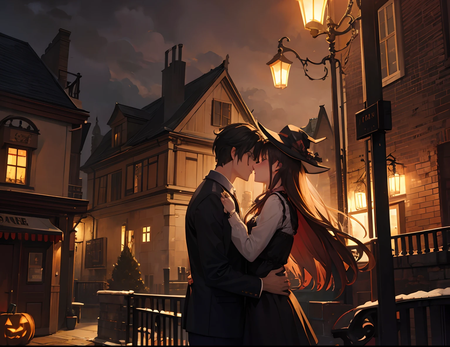 A couple during halloween, romantic atmosphere, happy atmosphere, landscape