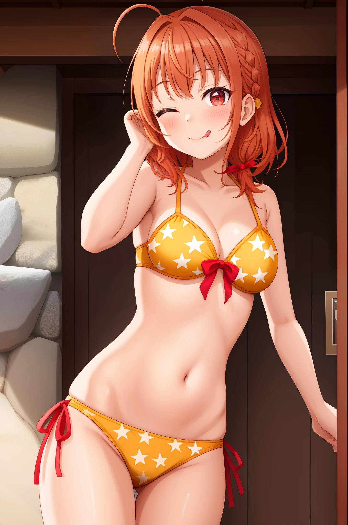 masterpiece, best quality, (1girl:1.000), (takami chika:1.000), (bikini:0.995), (side-tie bikini:0.992), (swimsuit:0.991), (red eyes:0.988), (solo:0.985), (yellow bikini:0.981), (one eye closed:0.966), (navel:0.962), (star \(symbol\):0.958), (braid:0.937), (ahoge:0.924), (yellow footwear:0.921), (orange hair:0.880), (yellow bow:0.852), (smile:0.836), (breasts:0.834), (bangs:0.812), (v:0.810), (tongue:0.792), (tongue out:0.785), (armpits:0.781), (standing:0.768), (medium breasts:0.760), (side braid:0.744), (short hair:0.693), (;q:0.639), (v over eye:0.609), (blush:0.598), (bow:0.588), (full body:0.572), (hair ornament:0.560), (looking at viewer:0.543), (simple background:0.524), (orange bikini:0.503)