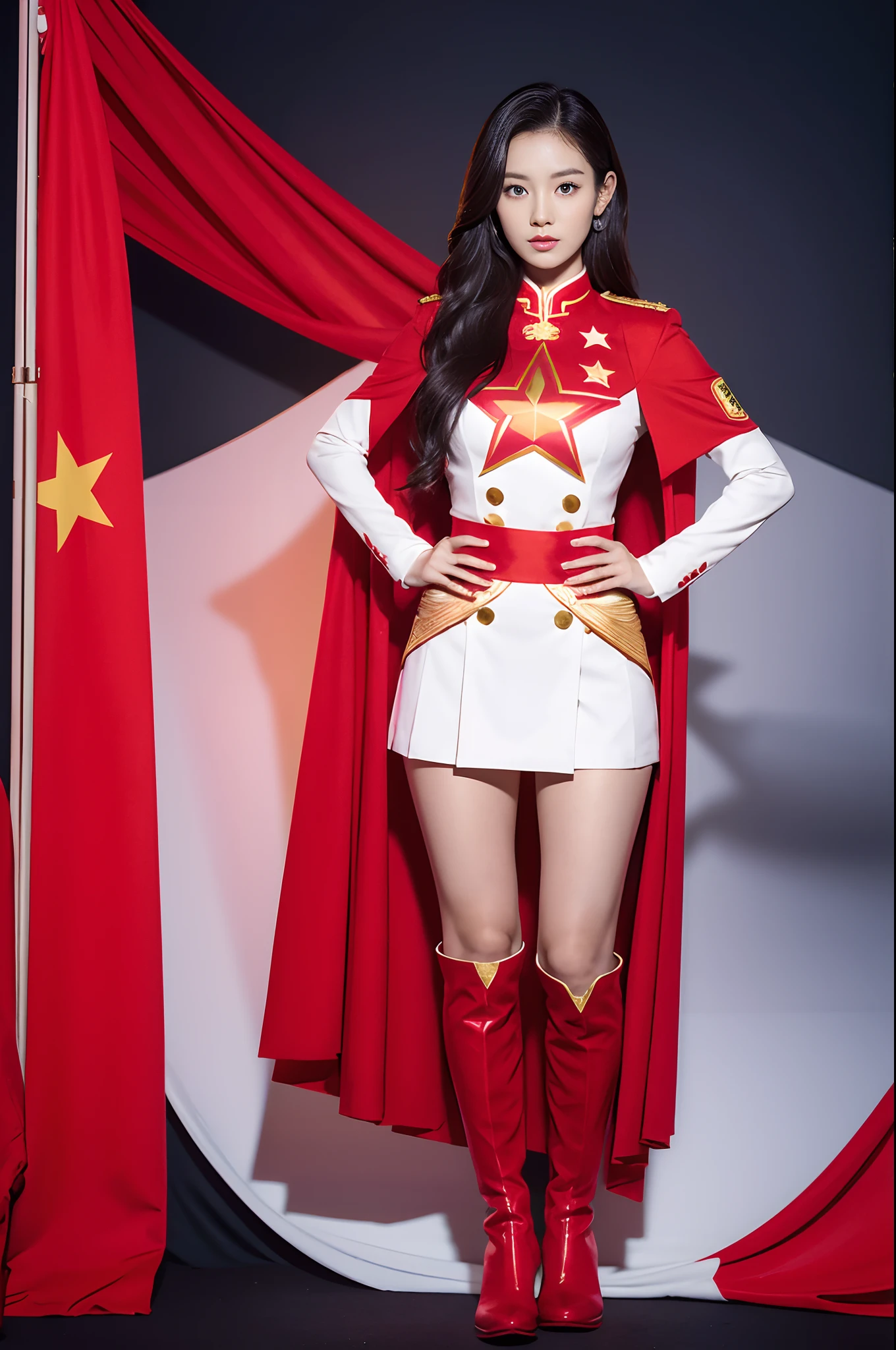 CG superhero five-star red flag girl wearing Chinese five-star flag logo uniform，The five-star flag logo is printed on the chest，Drape over a cape+National flag，Wear red gloves on both hands+Put a pair of red boots on your feet，The whole body exudes the superpowers of a five-star red flag girl Standing and displaying a full-body photo