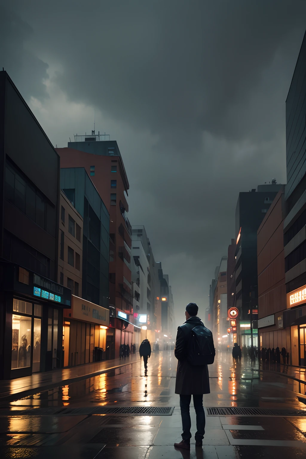 A man standing in front of a deserted city in rainy weather