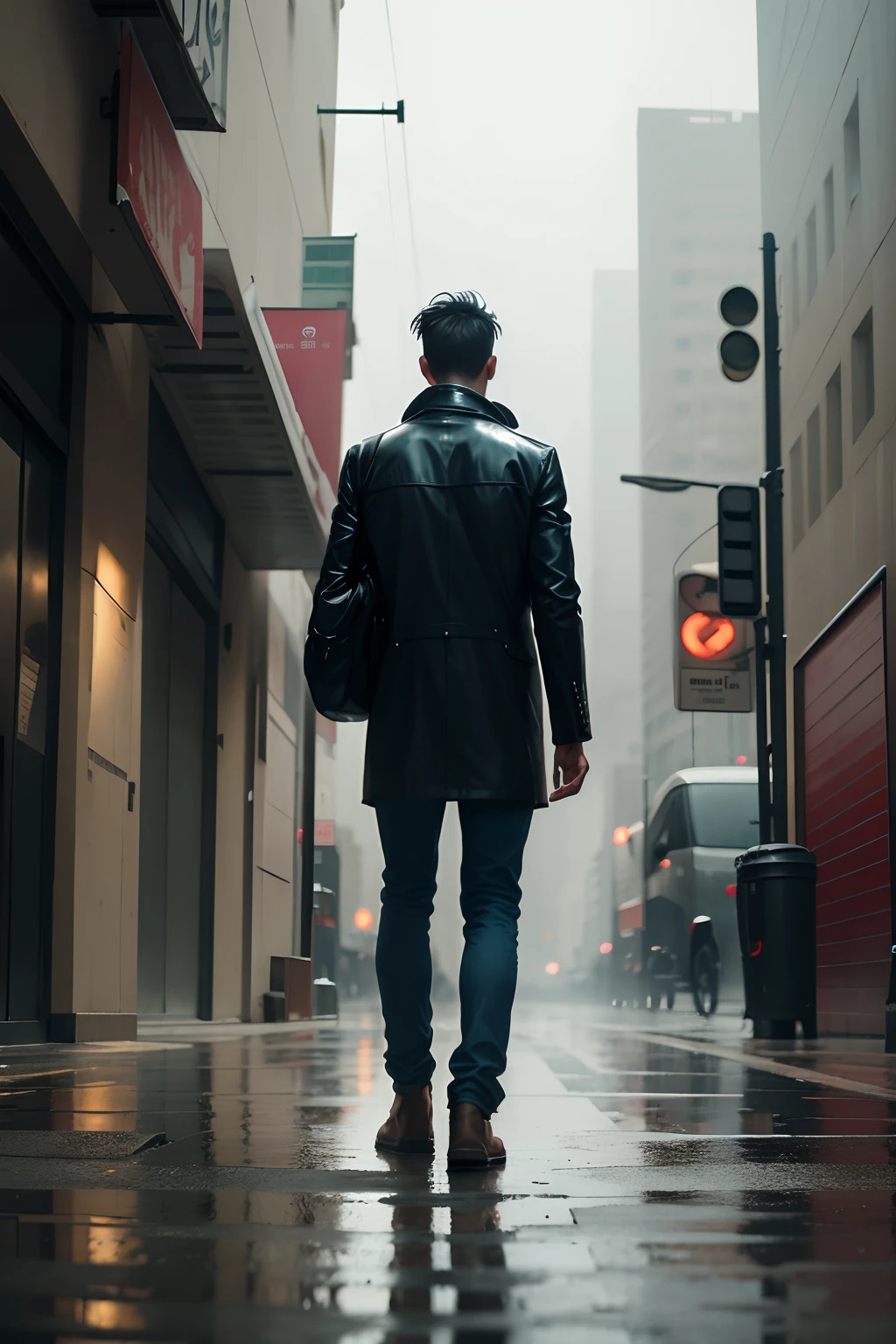 A man standing in front of a deserted city in rainy weather
