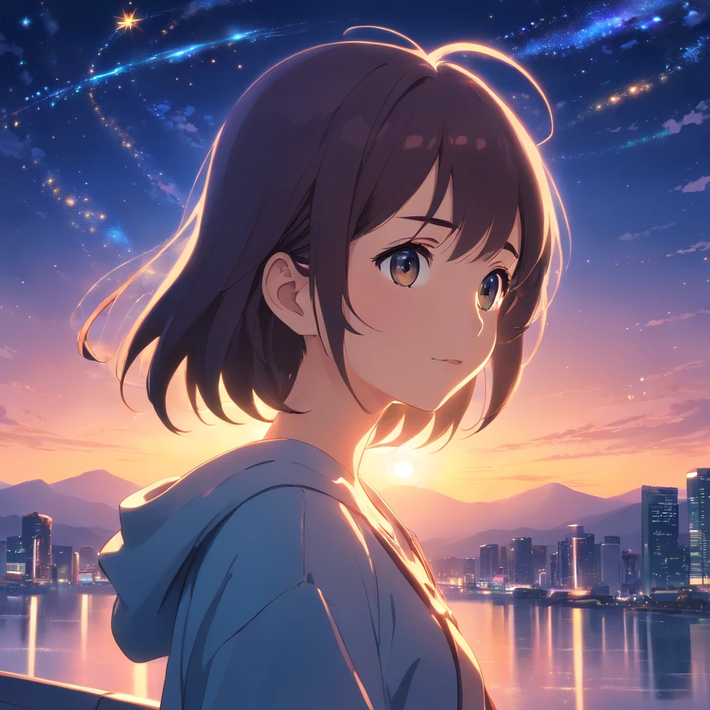 ​masterpiece、top-quality、Movie stills、1girl、Sky Girl、Floating in the night sky、a closeup、发光、happiness、Warm soft lighting、starrysky、(Spark:0.7)