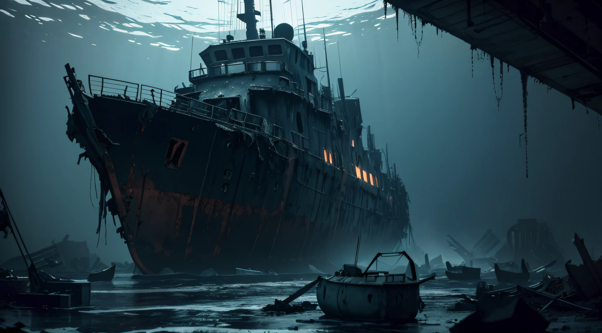 (best quality,4k,highres,masterpiece:1.2),ultra-detailed,realistic:1.37,damaged submarine,detailed wreckage,destroyed interior,shattered glass,crumpled metal,waterlogged rooms,extensive damage,leaking pipes,cracked portholes,rusted hull,crew cabins in ruins,submerged equipment,lingering darkness,ominous atmosphere,underwater scene,eerie blue lighting,dark shadows,lifeless silence,dramatic underwater view,ominous Leviathan silhouette,devastation,unrepaired gashes,emphasize destruction,overwhelming wreckage,grave chaos,dismantled control panels,ruined communication systems,chaotic debris,dissolved catwalks,stressed structure,compromised hull,waterlogged compartments,unstable twists and turns,ominous presence,menacing remains,unpredictable environment,post-apocalyptic scene