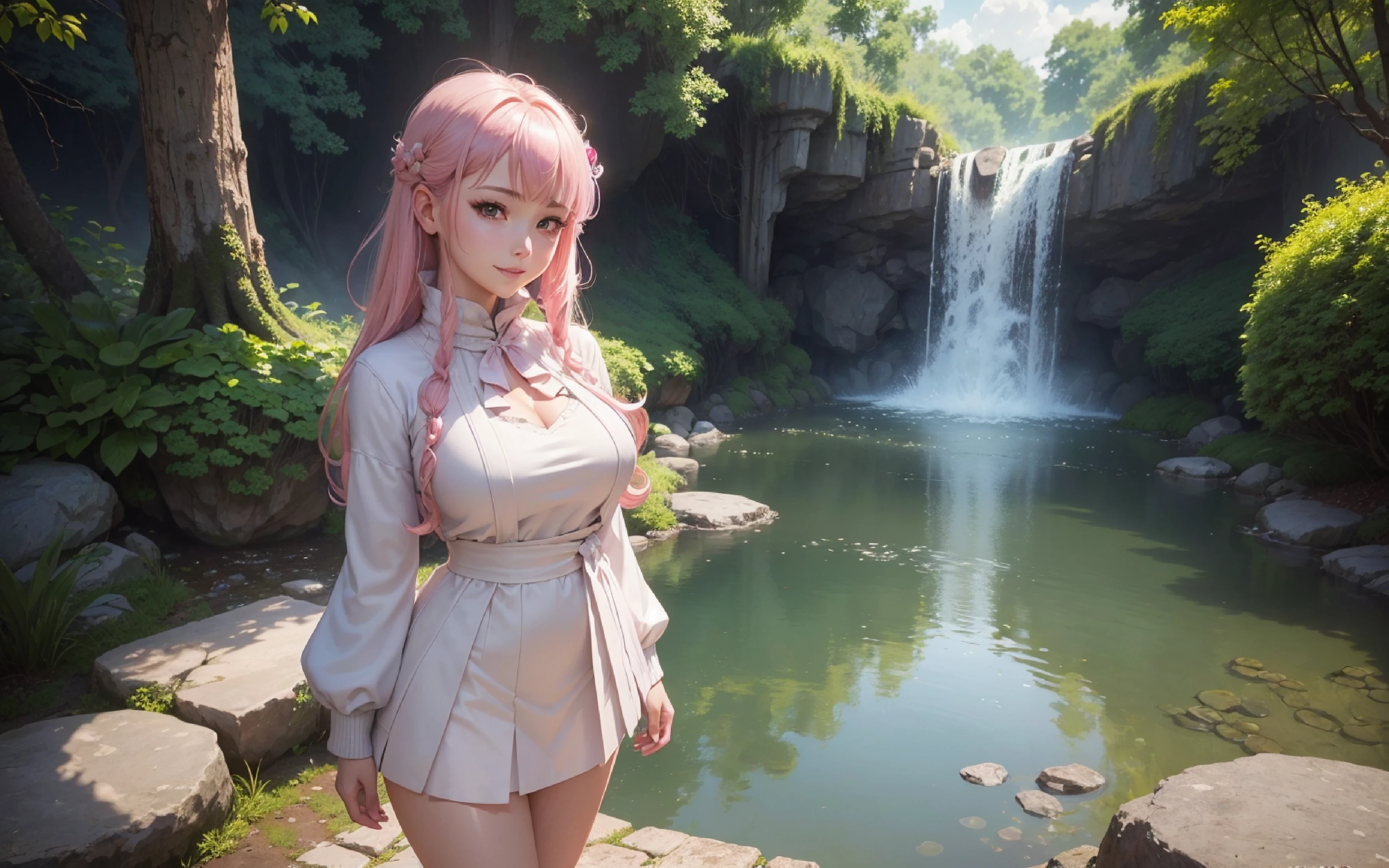 Animated image of woman in business suit standing in living room, oppai, anime moe art style, with a big chest, Ecchi anime style, Seductive Anime Girl, Smooth Anime CG Art, visual novel cg, Ecchi, Teasing smile, Big breasts!!, Ecchi style, ; visual novel, (The highest image quality, 8K, masutepiece: 1.3)), Sharp Focus: 1.2, ((cute girl face, both eyes the same)), (One girl, 17 year old, Slightly skinny, length hair, Two legs, Hide fingers), ((Perfect face, Perfect eyes, Bangs, Slim cheeks, Perfect lips)), ((Highly detailed face, Smile, standing on your feet:1.2)), ((Highly detailed facial and skin texture)), (Pink hair), (Complete traditional clothing, Wear full clothing), (Cute), (Anime girl in white dress standing in puddle, Full sweater, Long skirt, Pool, Waterfall, lake, The artwork, Fantasy Art Style, Art Book, closeup fantasy with water magic, CGI anime fantasy artwork, Art Book)