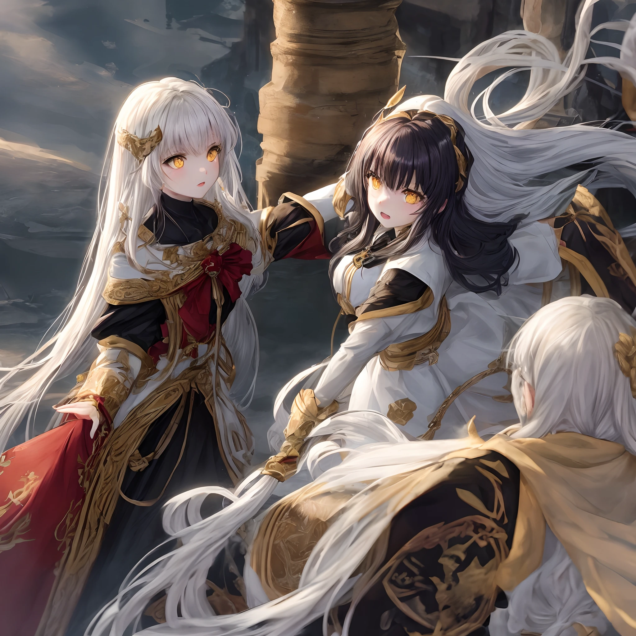 White long wavy hair girl yellow eyes godnesses  fighting