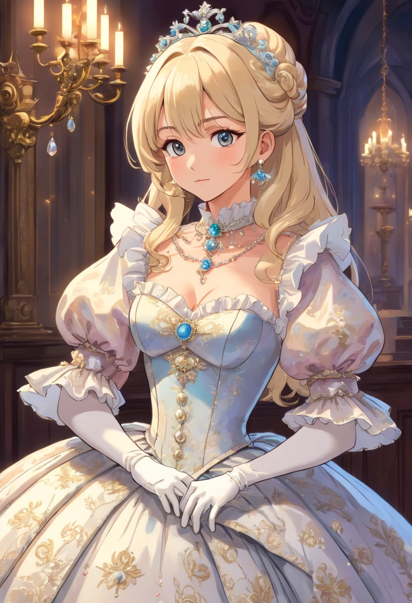 A stunningly beautiful blonde fairytale Princess shining with Royal Pomp and Regal Splendor, wearing a Stately and (((Elaborate))) Royal Cinderella Ballgown of Silver and White Brocade, with (((enormous puffed sleeves))) a stiffly boned, padded and corseted bodice, an hourglass waist, a (((huge crinoline hoopskirt))) and (((bustle))), adorned with ribbons, bows, roses, lace, ruffles, frills, embroidery, and jewels, elaborately curled and styled hair, long white gloves, pearl and diamond necklace and earrings