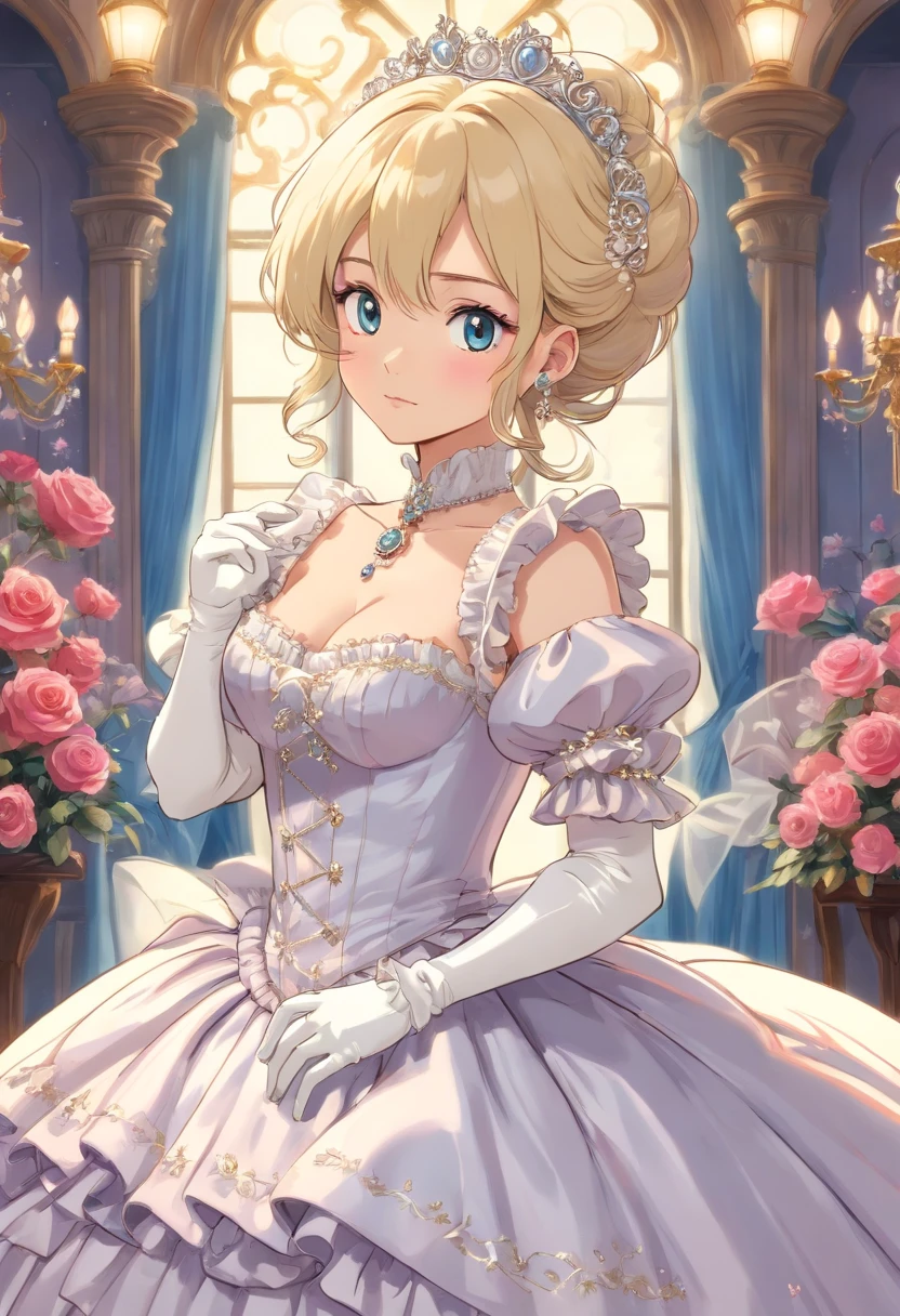 A stunningly beautiful blonde fairytale Princess shining with Royal Pomp and Regal Splendor, wearing a Stately and (((Elaborate))) Royal Cinderella Ballgown of Silver and White Brocade, with (((enormous puffed sleeves))) a stiffly boned, padded and corseted bodice, an hourglass waist, a (((huge crinoline hoopskirt))) and (((bustle))), adorned with ribbons, bows, roses, lace, ruffles, frills, embroidery, and jewels, elaborately curled and styled hair, long white gloves, pearl and diamond necklace and earrings