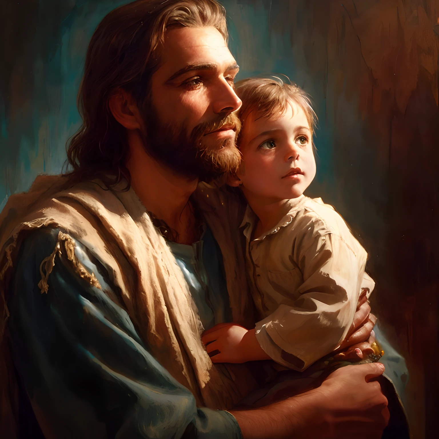 St. Joseph holding a  in his arms, Greg Olsen, Com o Menino Jesus, pai com filho, Directed by: Scott Gustafson, Saint Joseph with the Child Jesus, Retrato de Jesus Cristo, Christian art, Por Mark Keathley, Jesus, beautiful depiction, pai, ele tem um tesouro com ele, with a kid, holic religious art, jesus hugging a woman, Jon McNaughton