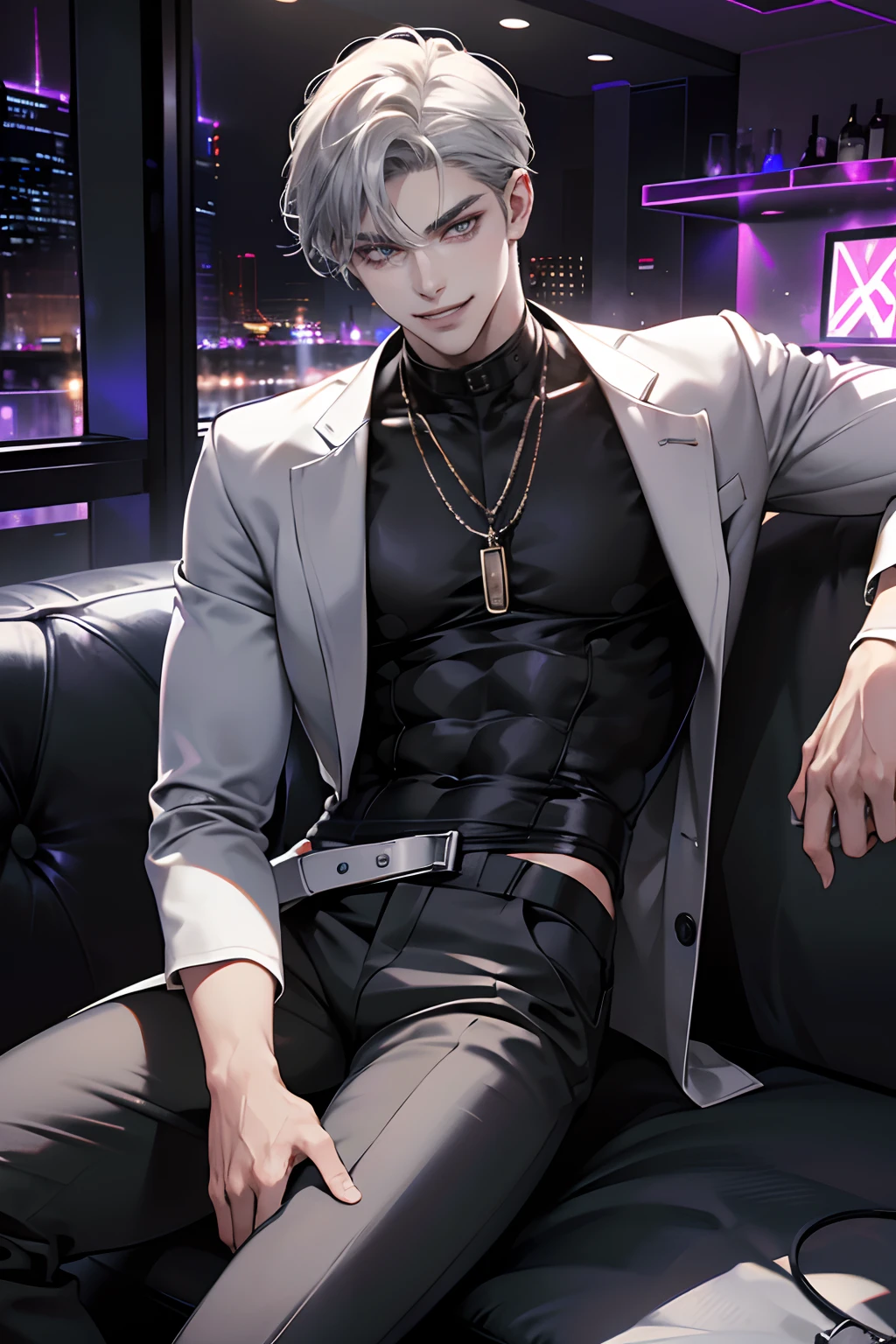 (tmasterpiece,high resolution,ultra - detailed:1.0),(1boy,young male:1.3),Perfect male body(Sexy adult male:1.3), Look at the camera,Delicate eyes and delicate face,Extremely detailed CG,Unity 8k wallpaper,Complicated details,solo person,,Detailed face, (long gray hair, fashionable and sexy men's wear, metal necklace, Sitting on the sofa in a modern bar, modern clothes, evil smile,grin),show chest,indoor, (Nightclub theme:1.3), color difference, Depth of field,dramatic shadow,Ray tracing,Best quality, sportrait