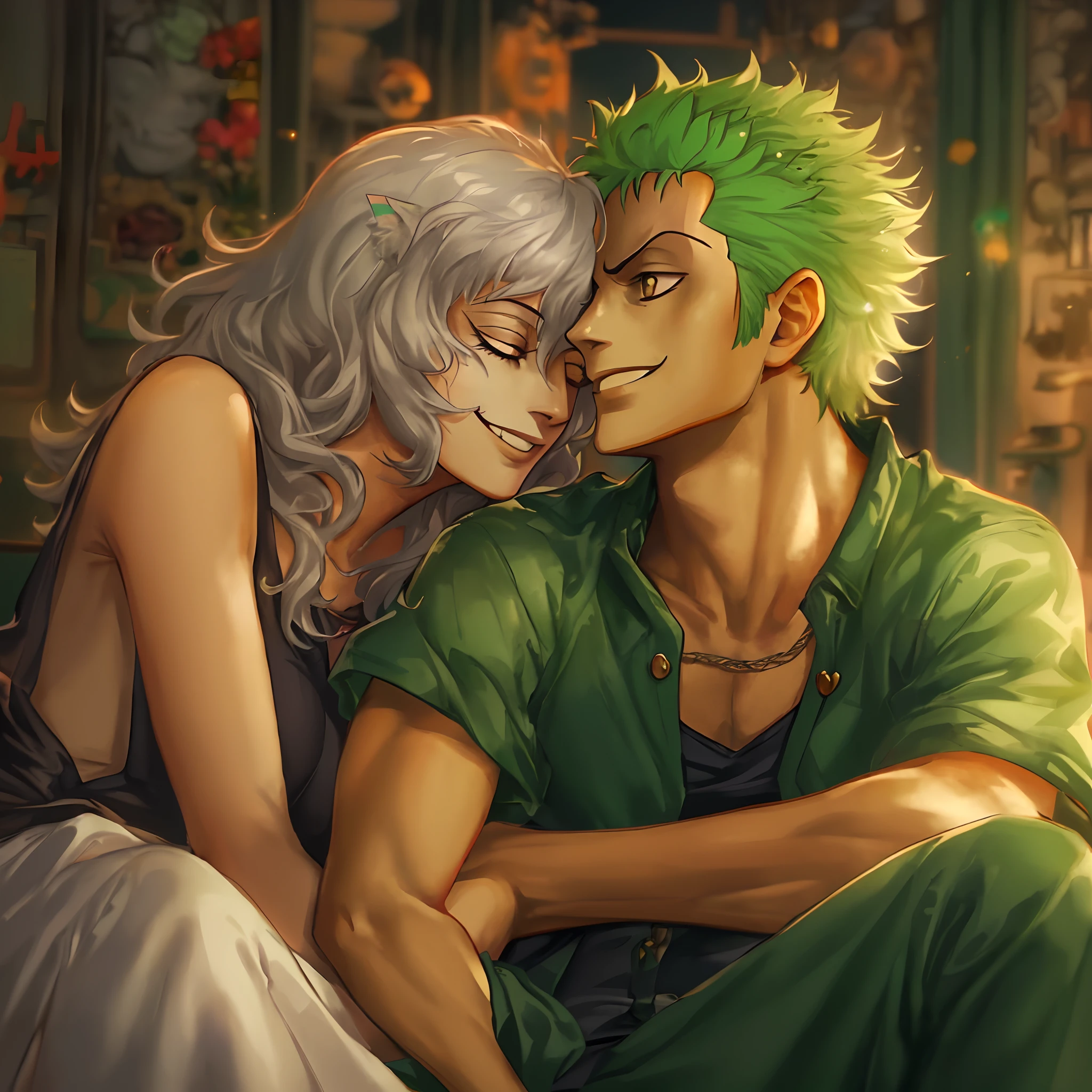 neferpitou,zoro,couple,husband and wife,love dovey couple,sitting,hug,kiss,smile,masterpiece:1.2,ultra-detailed,realistic:1.37,portraits,vivid colors,warm tones,soft lighting, one piene, hunterxhuntet, catgirl