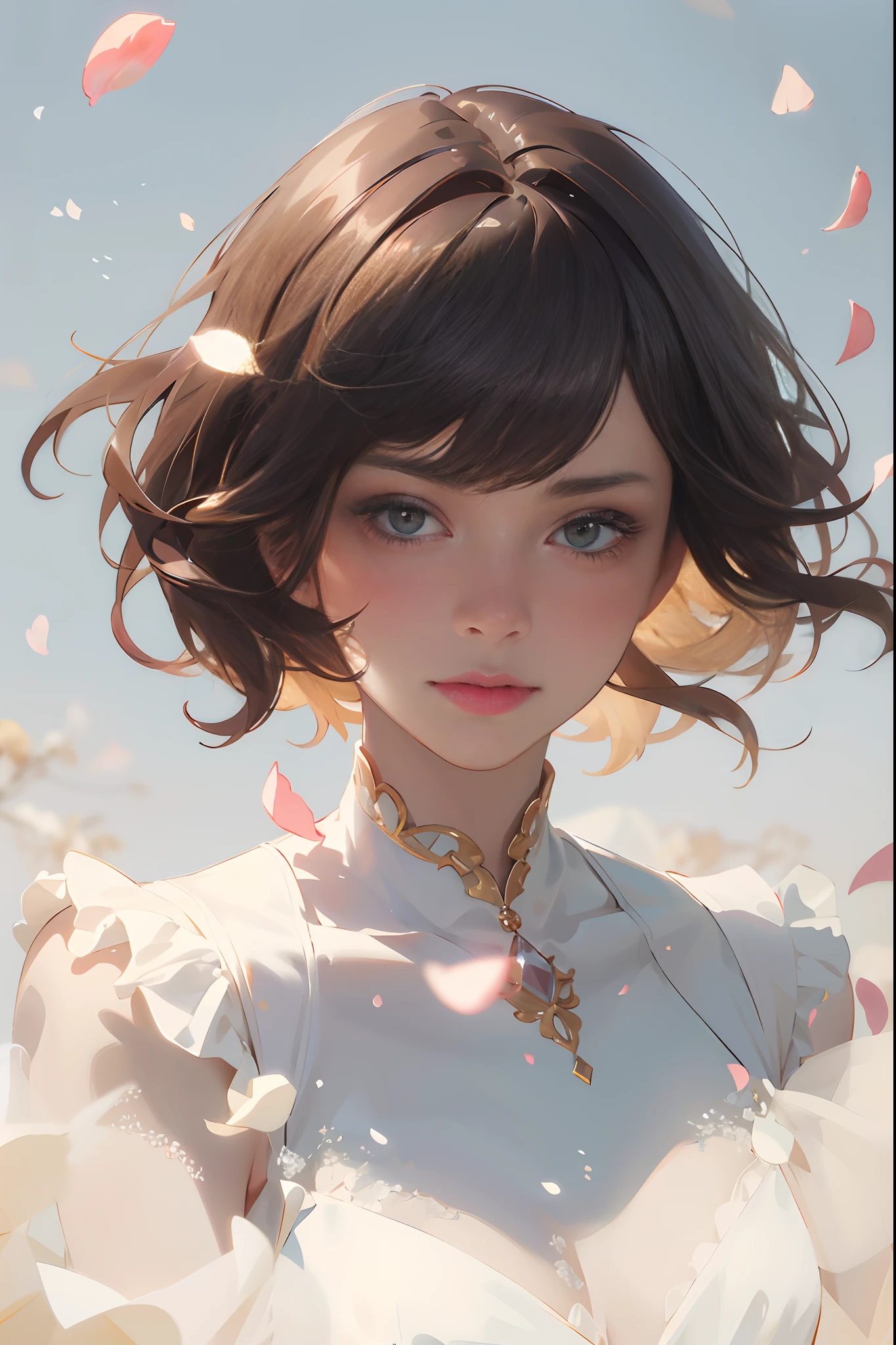 (best quality, masterpiece, ultra-realistic), 1 beautiful and delicate portrait of a girl, playful and cute, with floating petals in the background