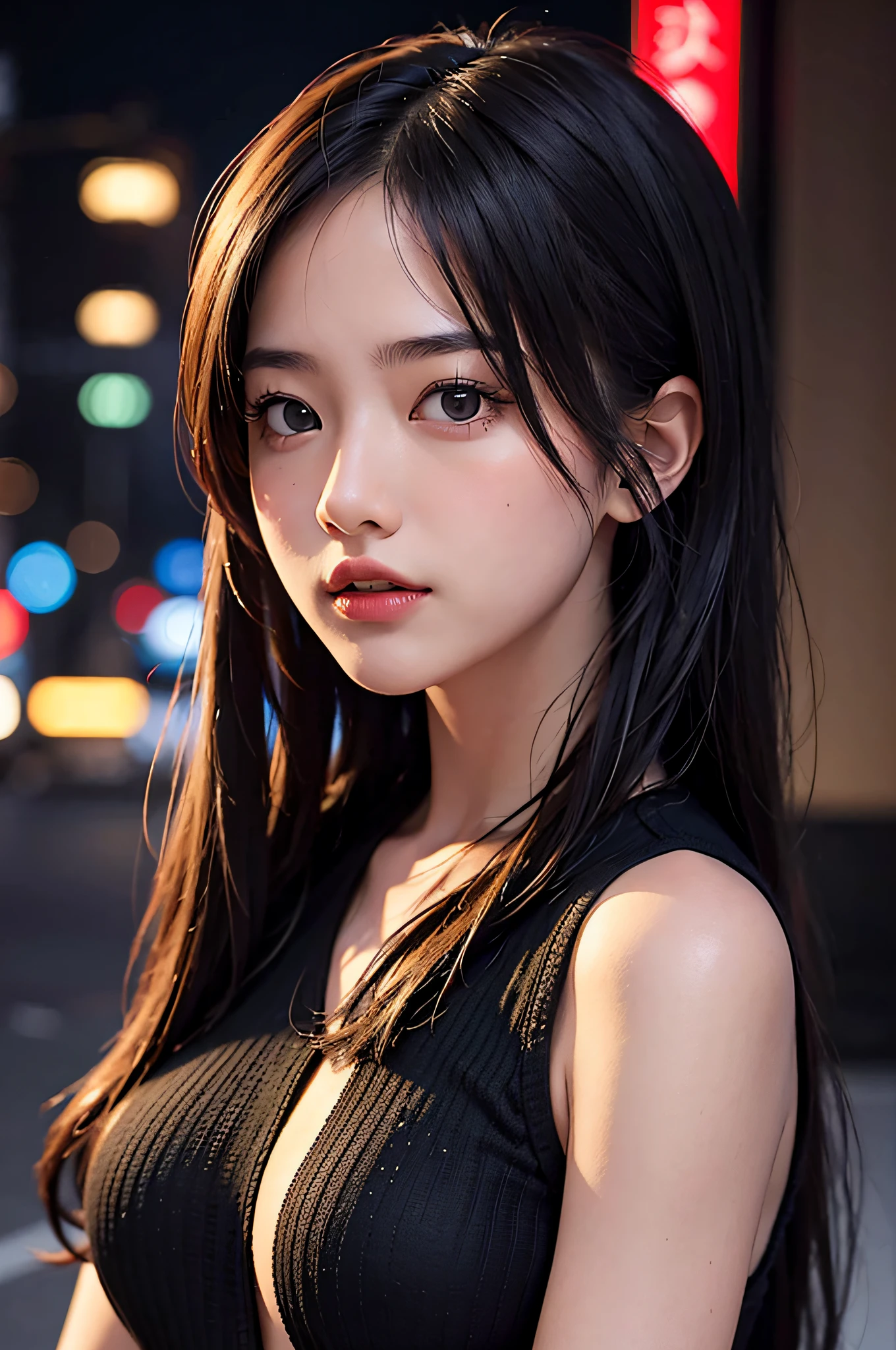 1girl, Tokyo street,night, cityscape,city lights, upper body,close-up, 8k, RAW photo, best quality, masterpiece,realistic, photo-realistic,