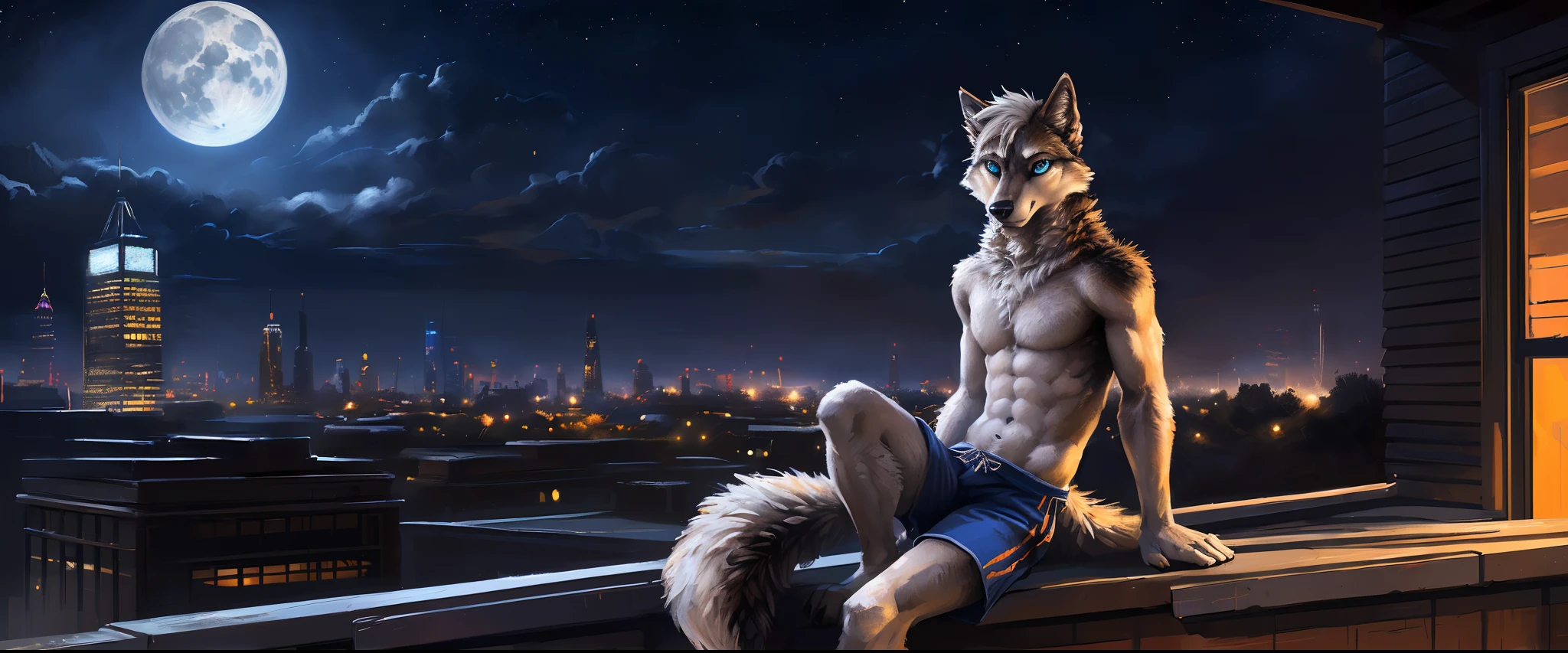 ((Solo)), male people, anthro wolf, (Multi-colored fur, White-brown:1.3, White tail pointed), ((Wolf face, White hair, Big eyes, White eyelids, Blue pupil, Slim:1.2) (Tough, Calm expression:1.2)), Abs, Slim, pinging)), (Correct body anatomy), (Work shorts:1.1), The upper body is naked, (detailed outfits),A big tail,Feet,Long legs,(Realistic fur, Detailed fur texture, labeled:1.3)), (Natural lighting), Photorealistic, Hyperrealistic, ultradetailed, by Kenket,In the modern city,Roof roof,the night,Sit alone,Look at the full moon,It was dark,Starry