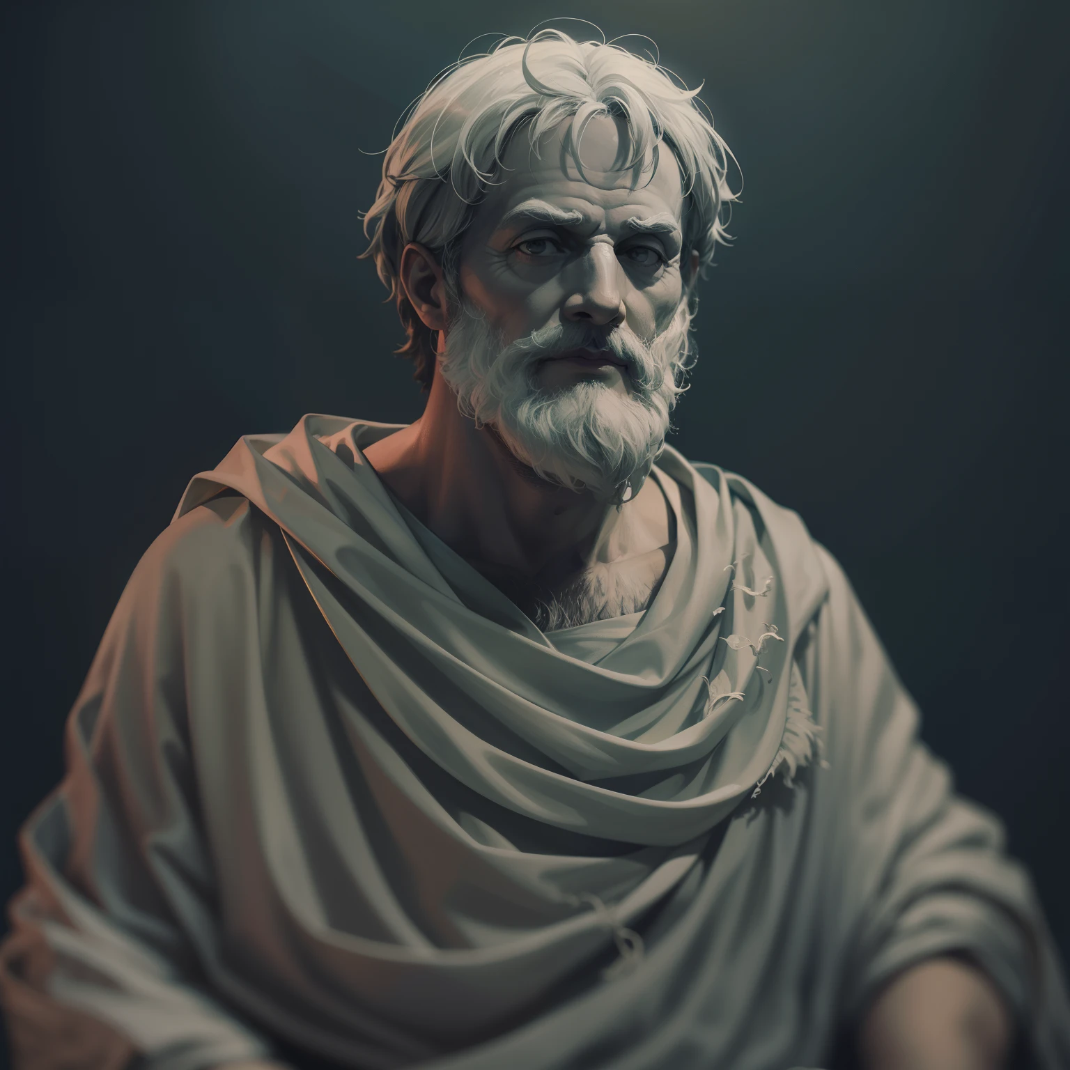 Aristotle's realistic Greek philosopher Bold creepy detailed wearing a ghostly toga, fundo neutro, Moody, , fotorrealista, Jantar de filme assustador, super detalhada, Hiper realista, luzes brilhantes, 8K